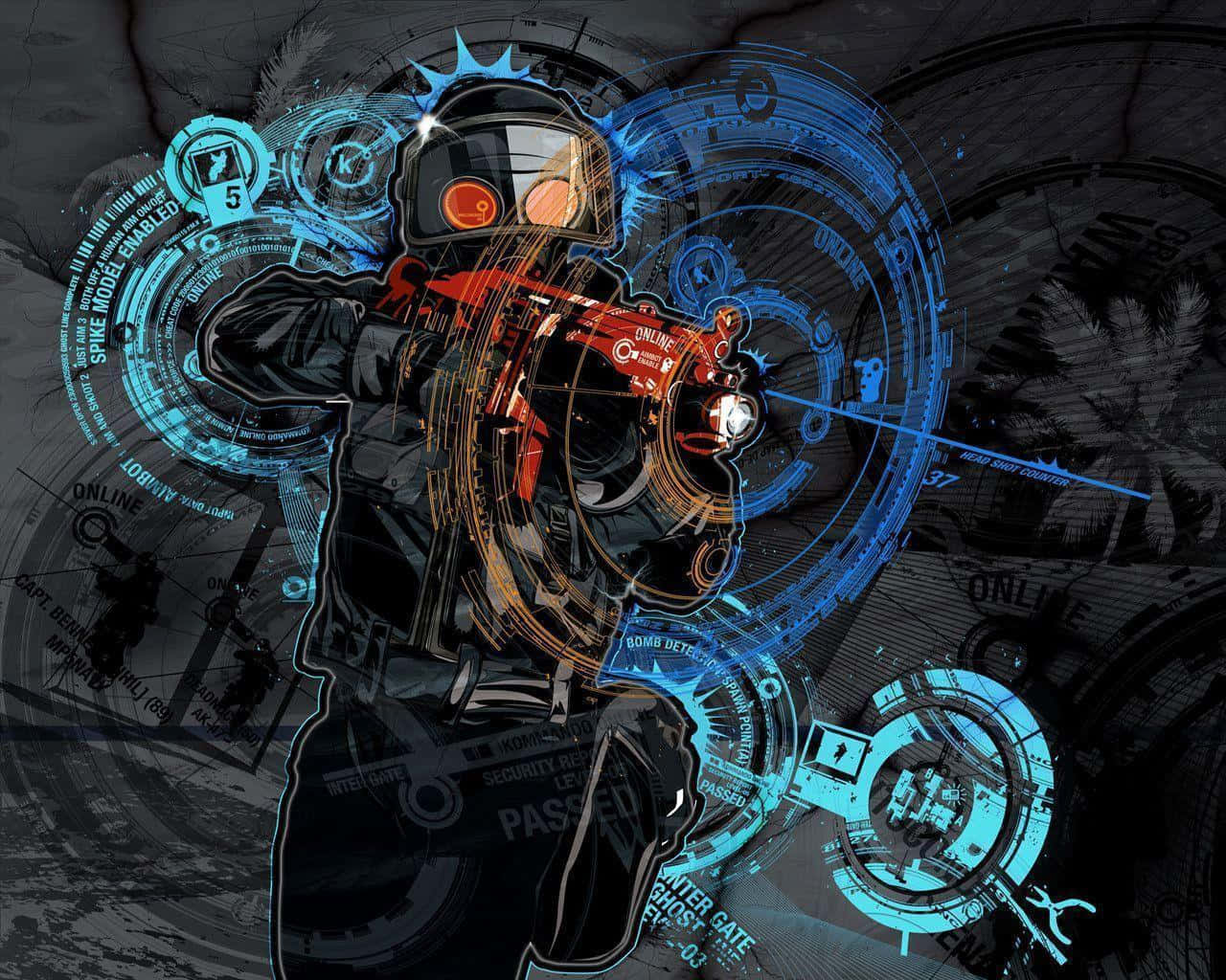 Counterstrike 桌布 壁紙 — 一名身穿紅黑裝甲的 cyberpunk 士兵，被發光的藍色全息介面和數位讀數包圍。