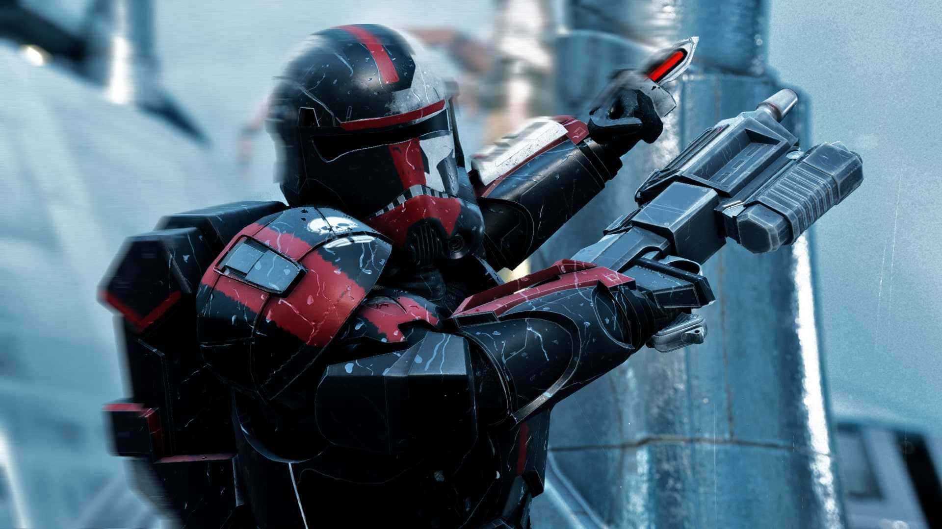 Star Wars The Bad Batch 桌布 壁紙 — 一名身穿紅黑裝甲的士兵在雪景城市環境中瞄準爆能槍，雪花飄落。