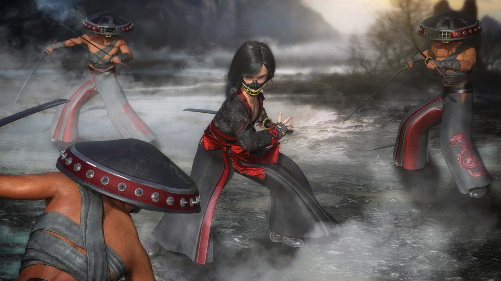 Samurai Warrior 桌布 壁紙 — 一名身穿紅黑長袍的蒙面戰士，在霧氣瀰漫、岩石遍地的戰場上，於戲劇性的燈光下與三名身穿鎧甲的敵人戰鬥。