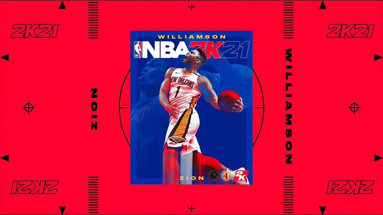 NBA 桌布 壁紙 — 一名身穿紐奧良球衣的籃球運動員，在紅色邊框的藍色背景前持球，並有「2K21」和「ZION WILLIAMSON」文字。