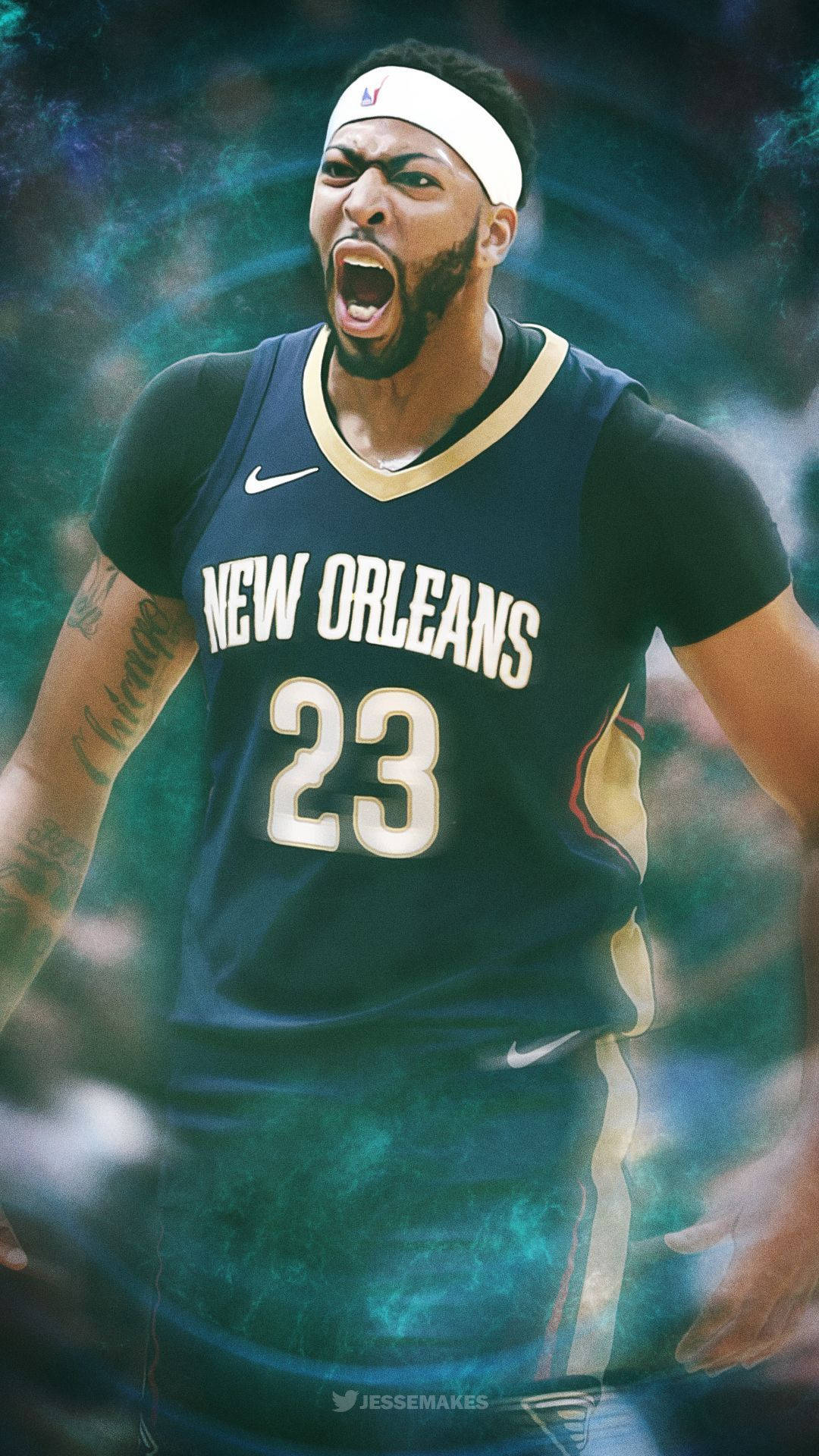 Anthony Davis 桌布 壁紙 — 一名身穿紐奧良球衣的籃球運動員在旋轉的宇宙背景下激烈咆哮。