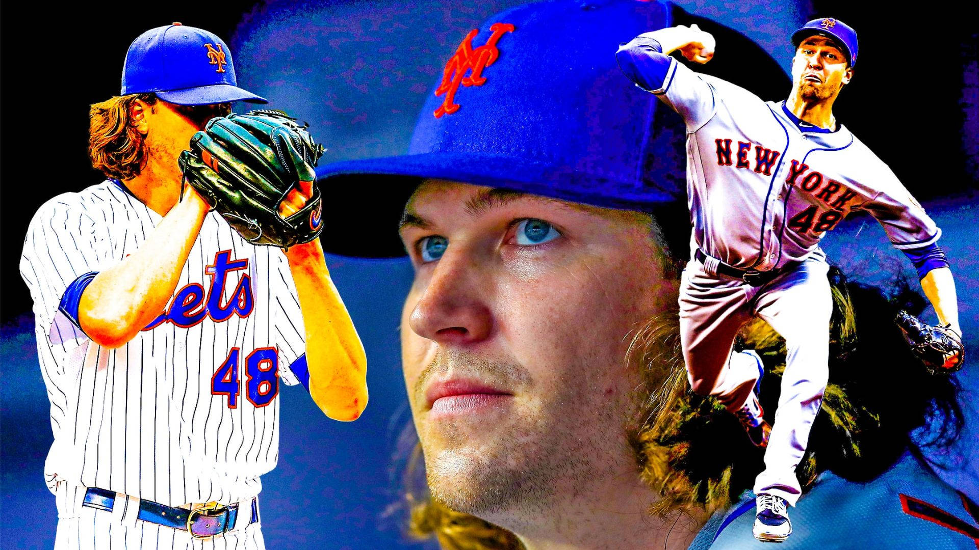 Degrom 桌布 壁紙 — 一名身穿紐約大都會隊球衣的棒球運動員，以三個動態姿勢呈現在深藍色背景上，帶有發光高光。
