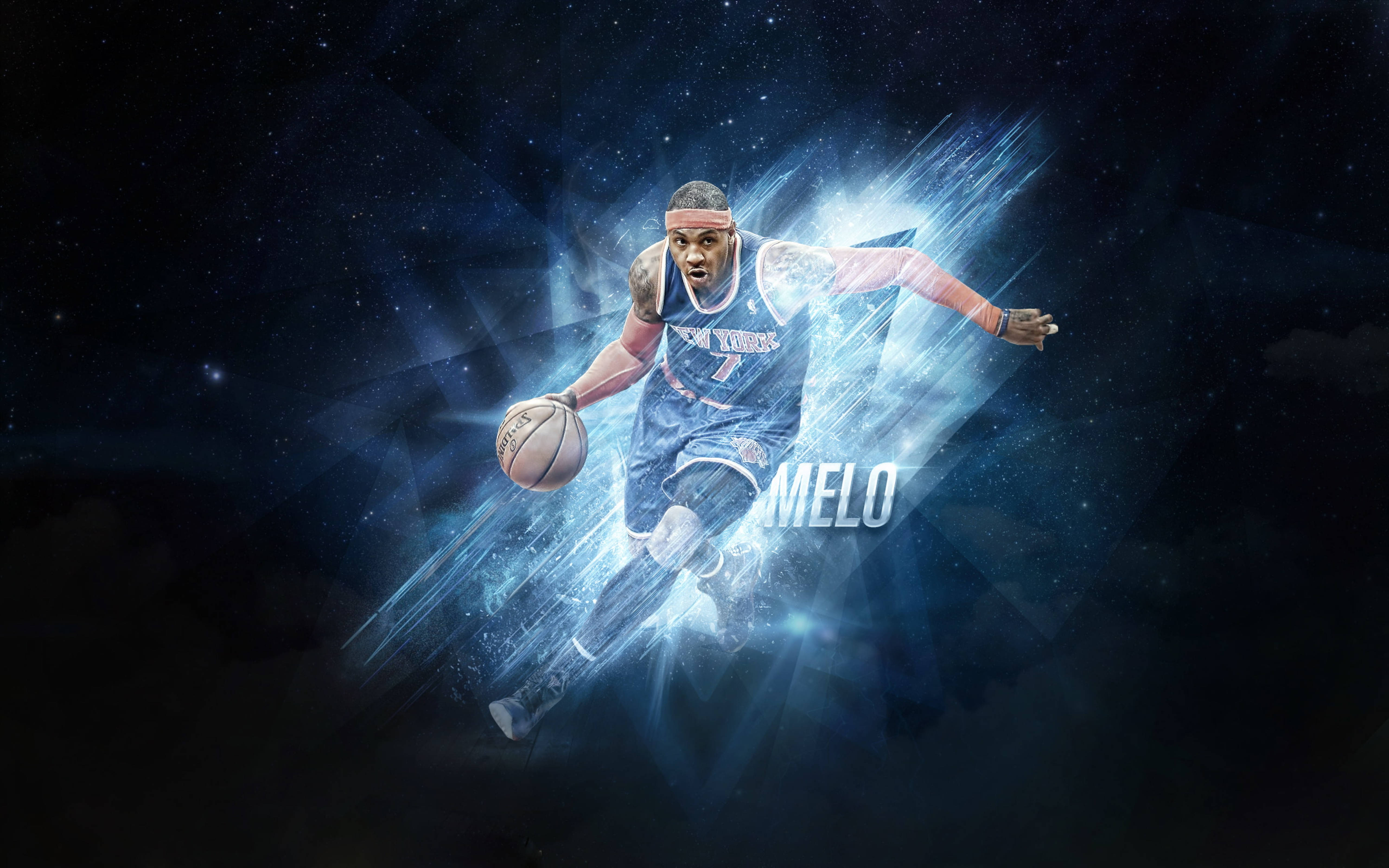 Carmelo 桌布 壁紙 — 一名身穿紐約尼克隊球衣的籃球運動員在星光夜空背景下，於宇宙光束中運球。