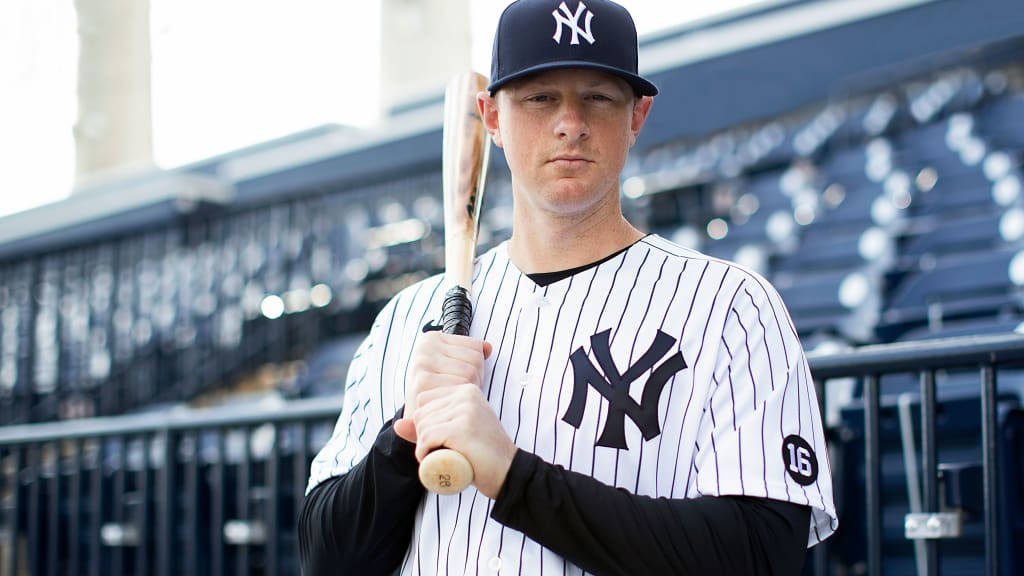 Dj Lemahieu 桌布 壁紙 — 一名身穿紐約洋基條紋球衣的棒球選手在球場休息區握著木製球棒。