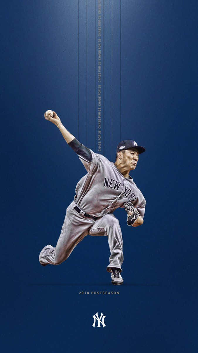 masahiro tanaka 桌布 壁紙 — 一名身穿紐約洋基隊球衣的棒球投手，在深藍色漸層背景和冠軍文字襯托下，正在投球。