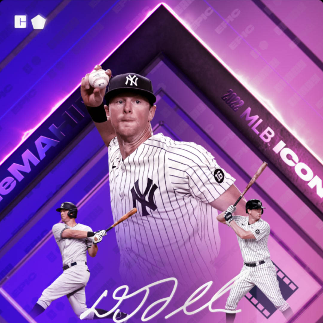 Dj Lemahieu 桌布 壁紙 — 一名身穿紐約洋基隊球衣的棒球運動員拿著一個球，兩個動作姿勢在他兩側，背景是發光的紫色幾何圖案。