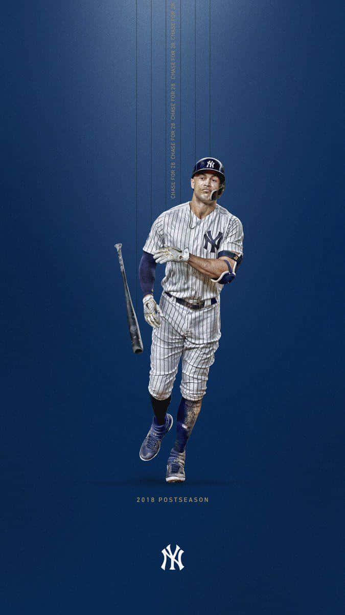 New York Yankees iPhone 桌布 壁紙 — 一名身穿紐約洋基隊球衣的棒球選手在深藍色背景中懸浮，手持球棒。
