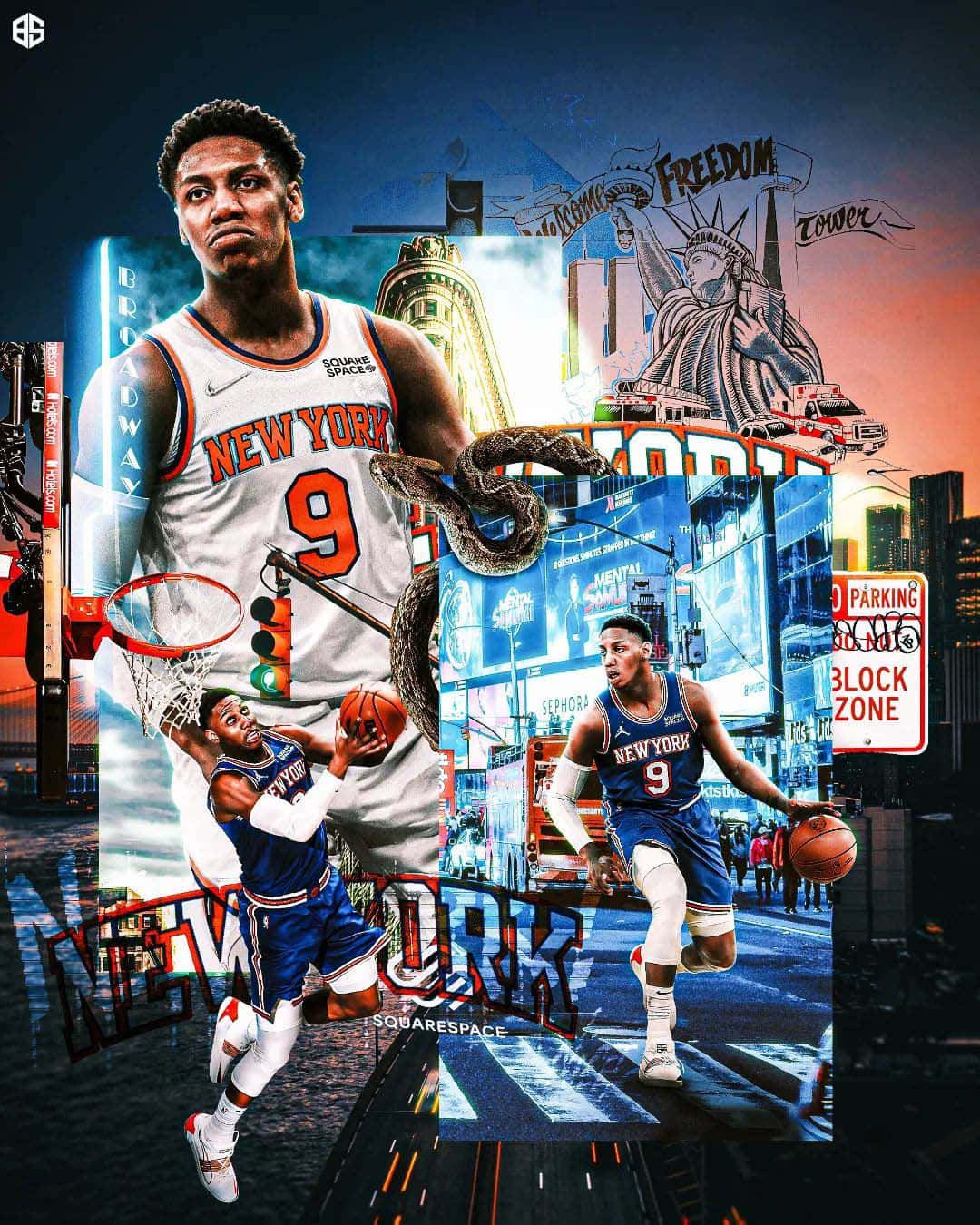 Knicks 桌布 壁紙 — 一名身穿紐約球衣的籃球運動員跳過一個超現實的城市景觀，其中有自由女神像和百老匯標誌。