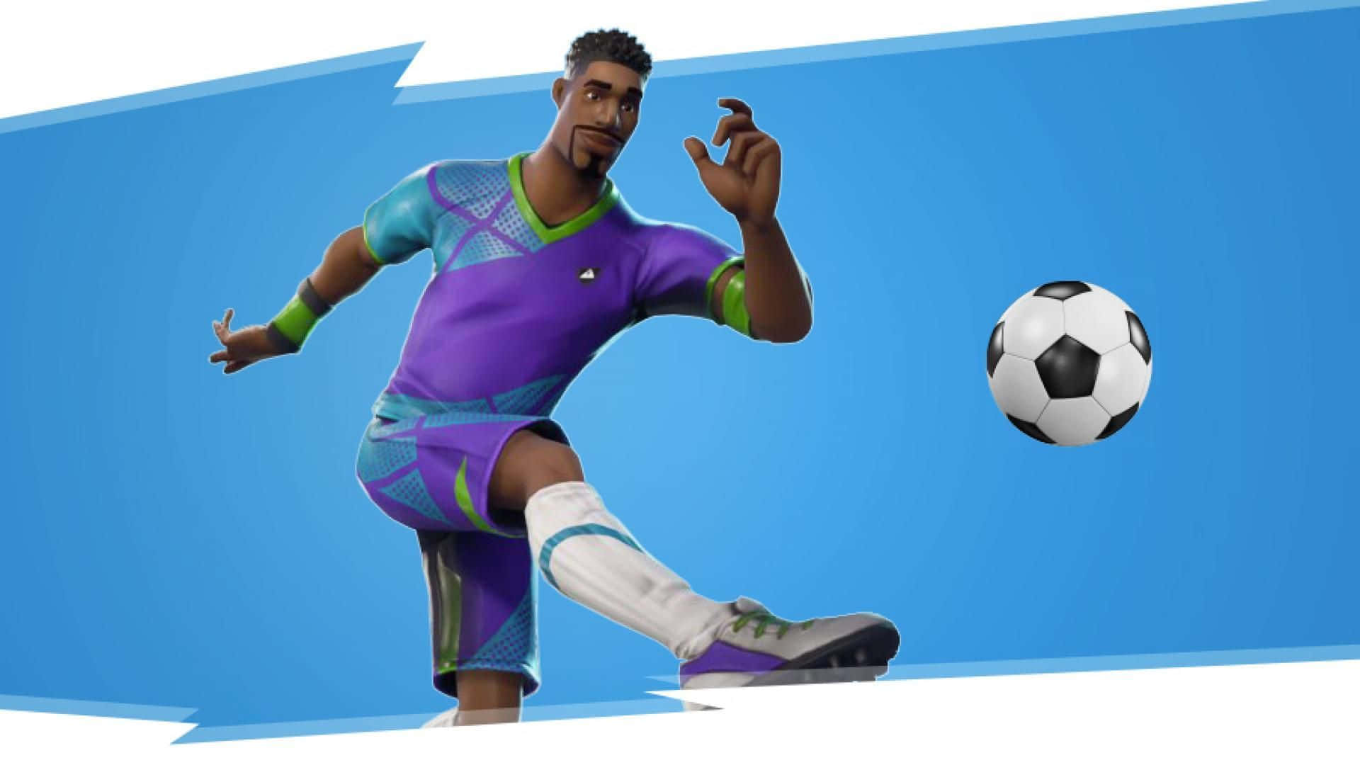 Sweaty Soccer Skin 桌布 壁紙 — 一名身穿紫色和藍綠色球衣的動態動畫足球員，在鮮明的藍色背景下踢出經典的黑白足球。