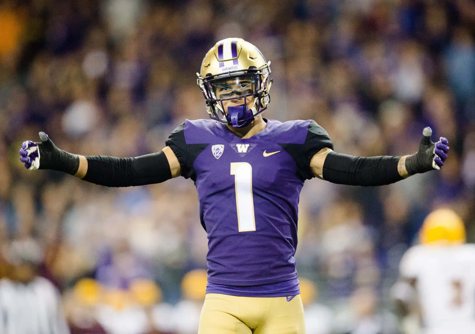 Byron Murphy 桌布 壁紙 — 一名身穿紫色和金色球衣、背號1號的美式足球員在燈光球場上張開雙臂慶祝。