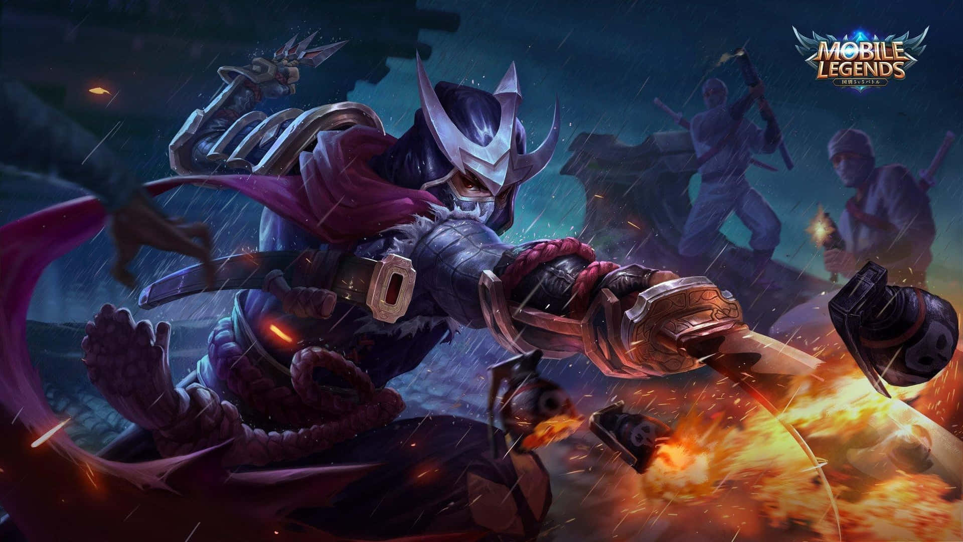 Legend 桌布 壁紙 — 一名身穿紫色披風的暗黑裝甲戰士在雨夜戰鬥場景中斬殺火焰敵人。