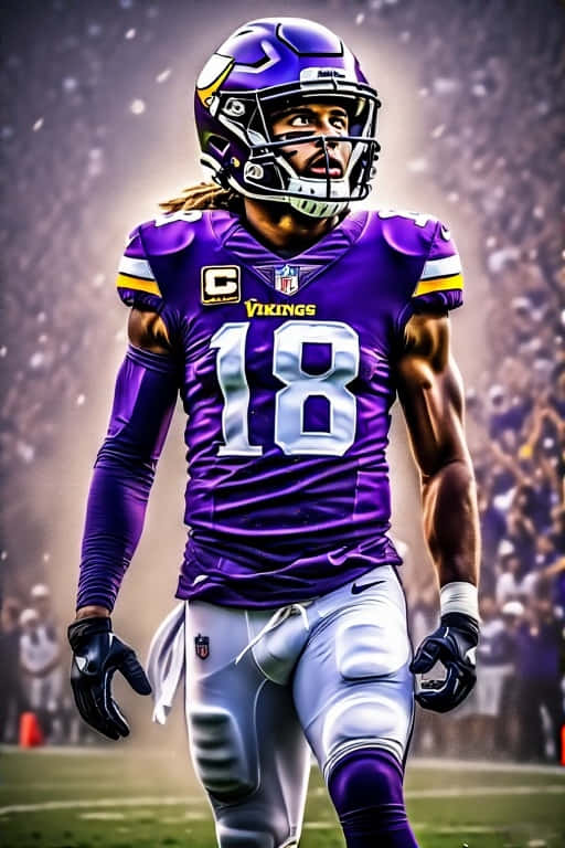 Minnesota Vikings Action 壁紙 — 一名身穿紫色球衣18號的明尼蘇達維京人美式足球員站在球場上，背景有體育場燈光和五彩紙屑。