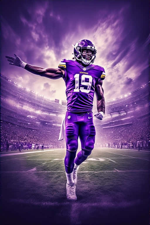 Minnesota Vikings Action Celebration 壁紙 — 一名身穿紫色球衣19號的足球員在戲劇性的紫色天空下自信地走過球場。