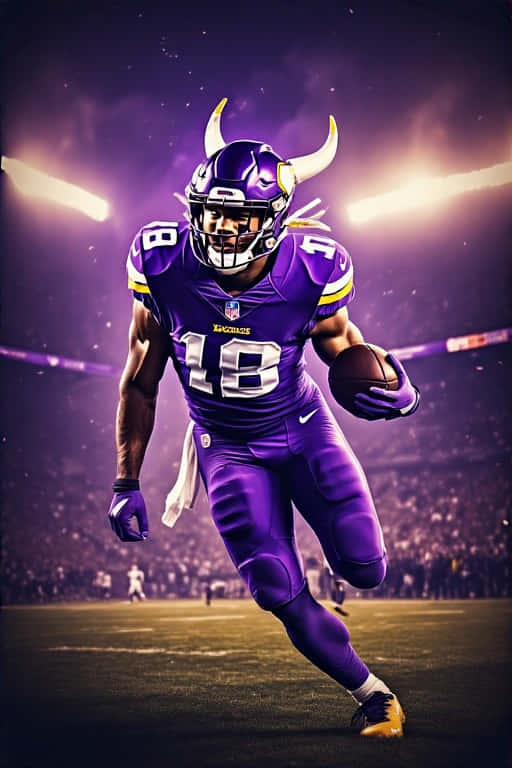 Minnesota Vikings Action 壁紙 — 一名身穿紫色球衣的明尼蘇達維京人美式足球員在球場燈光下帶球奔跑。
