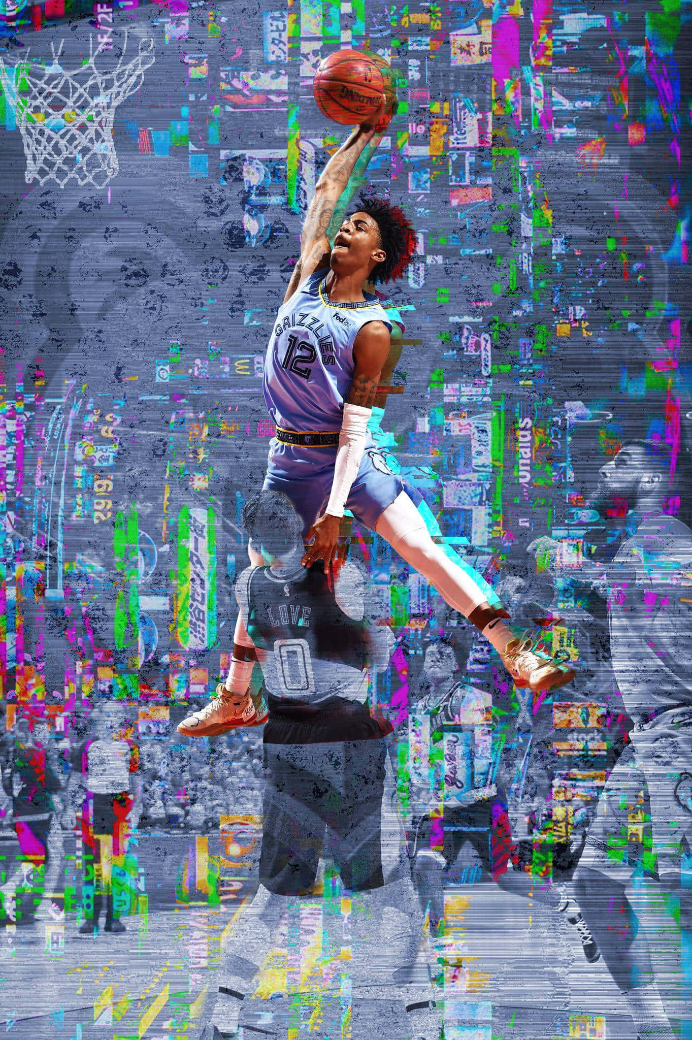 Glitch Effect 桌布 壁紙 — 一名身穿紫色球衣的籃球運動員高高躍起，在充滿故障效果的數位拼貼背景前灌籃。