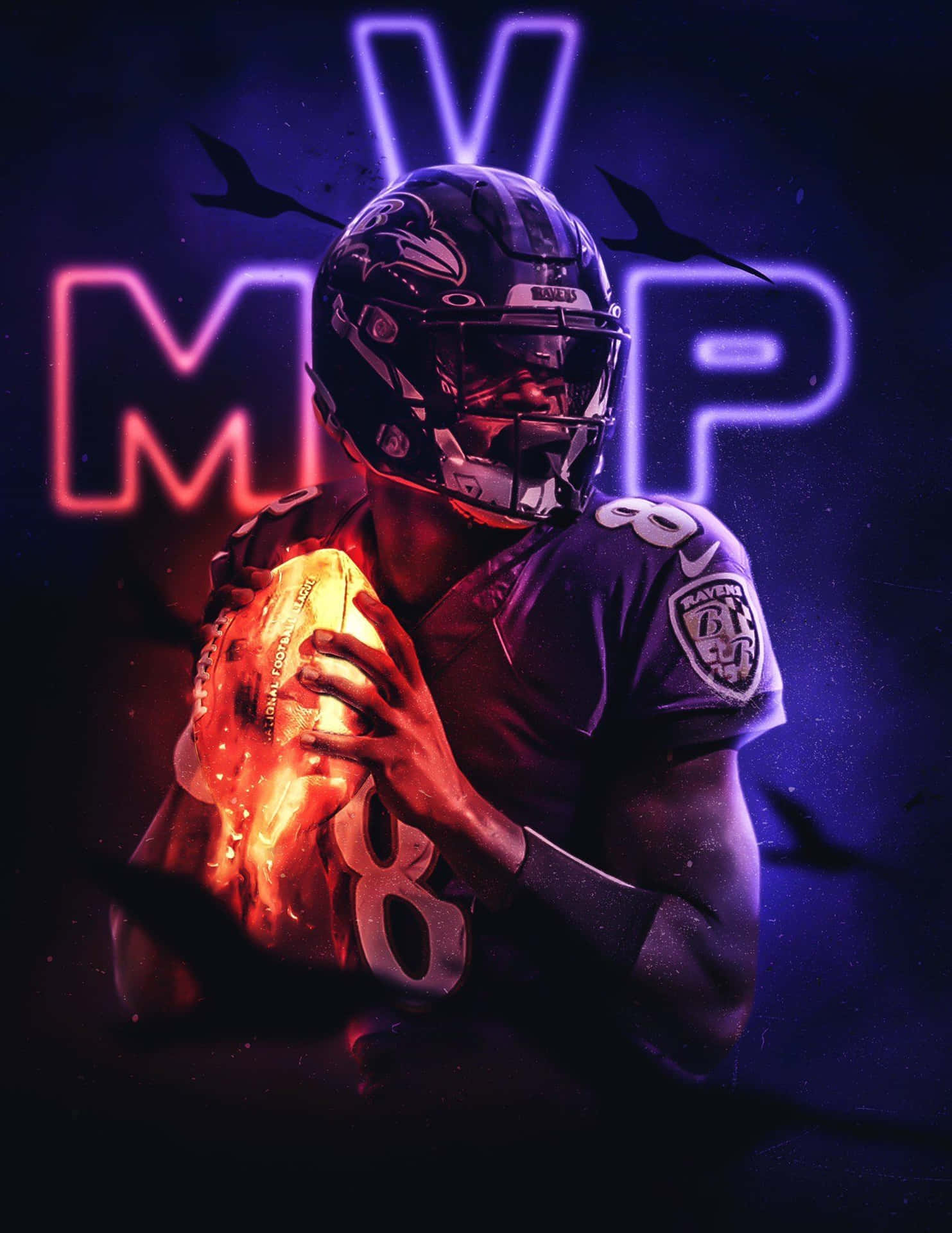足球運動員手持發光球，背景有霓虹燈 MVP 標誌和飛翔的烏鴉。 — 巴爾的摩烏鴉隊 GIF 壁紙