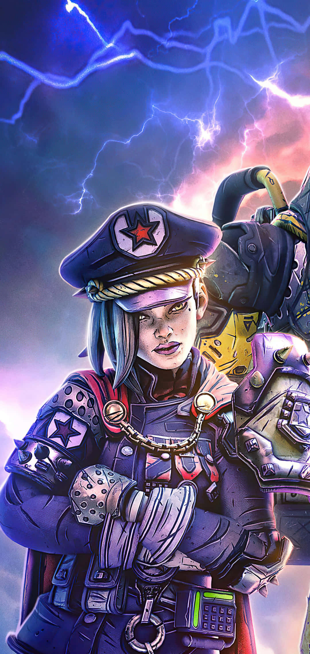 Pixel 3xl Borderlands 3 桌布 壁紙 — 一名身穿紫色盔甲的兇猛女戰士站在雷電交加的暴風雨天空下。