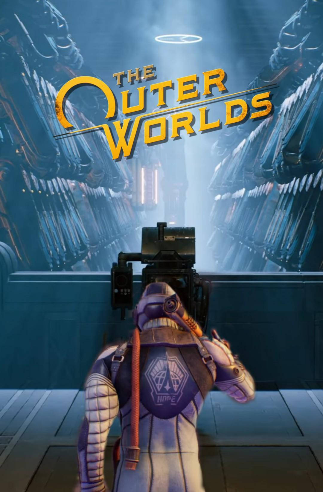 The Outer Worlds 桌布 壁紙 — 一名身穿紫色盔甲的未來士兵站在科幻走廊中，面對著發光藍光下高聳的機械臂。