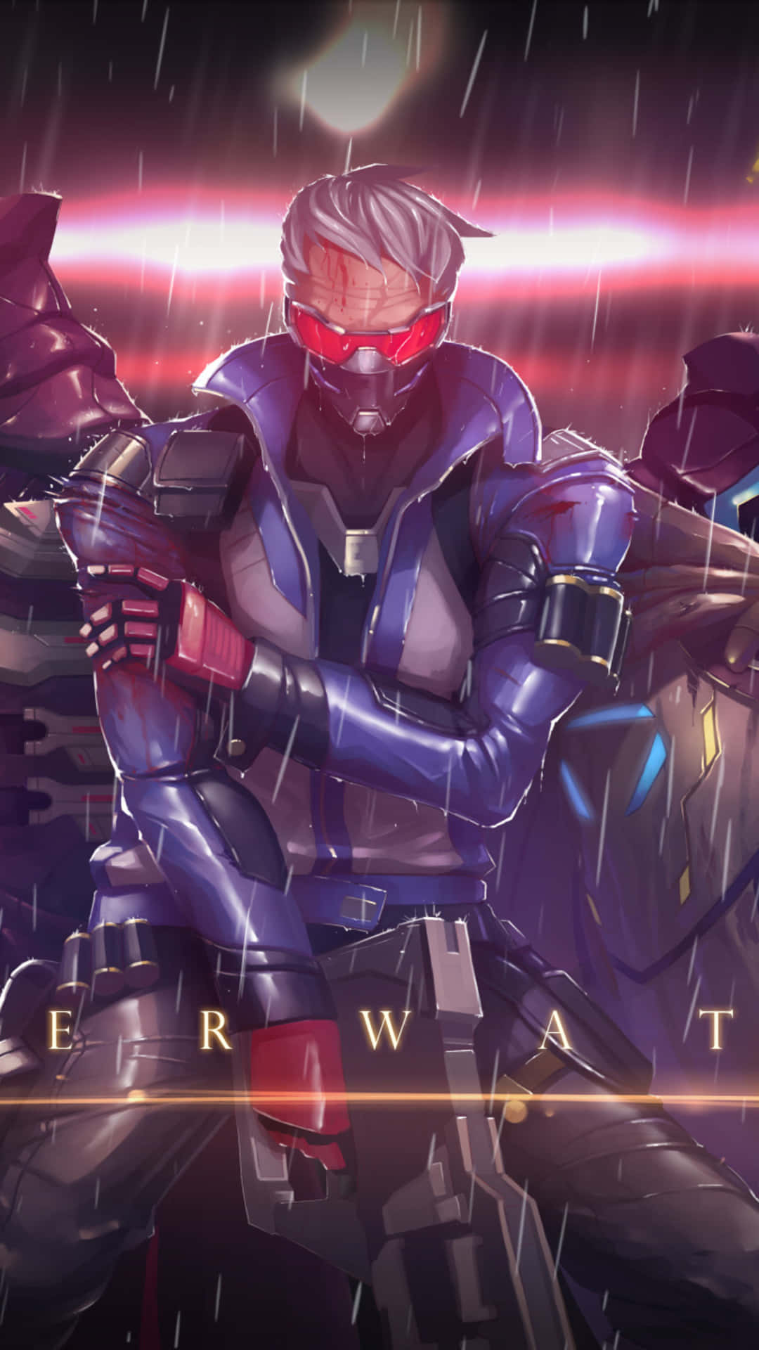 Soldier 76 桌布 壁紙 — 一名身穿紫色盔甲的賽博龐克戰士在霓虹條紋的紅色天空下，在雨中挑釁地站立。