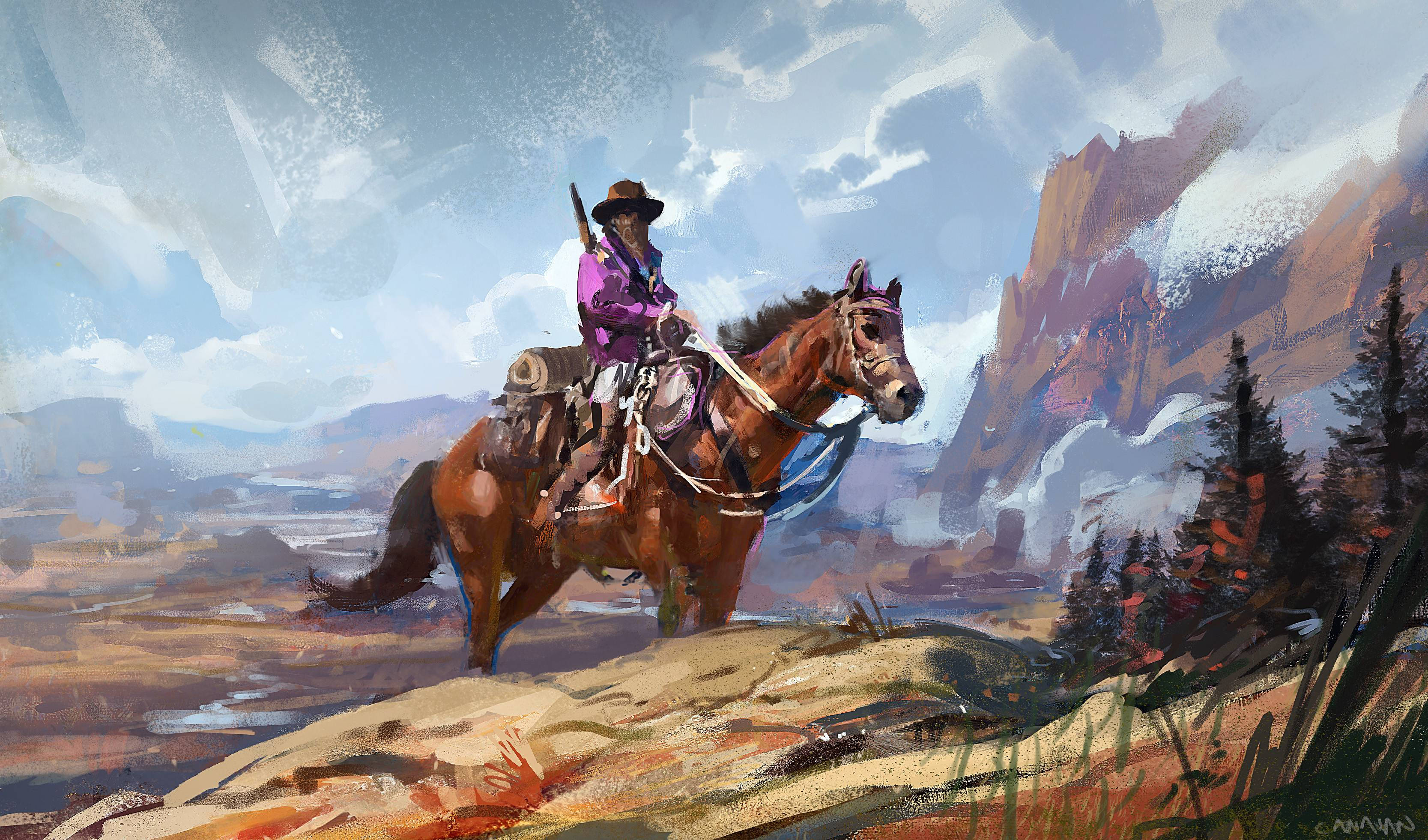 American Cowboy 桌布 壁紙 — 一名身穿紫色襯衫、戴帽子的孤獨騎手，在陰天之下騎著一匹棕馬奔馳在崎嶇的山脊上。