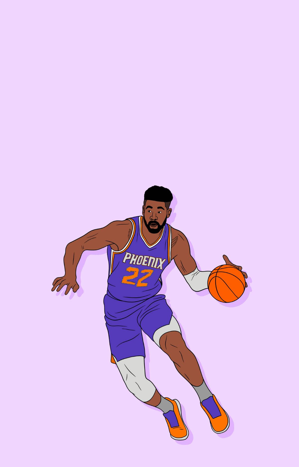 NBA 桌布 壁紙 — 一名身穿紫色鳳凰城太陽隊球衣的籃球運動員在柔和的薰衣草背景下運著橙色籃球。