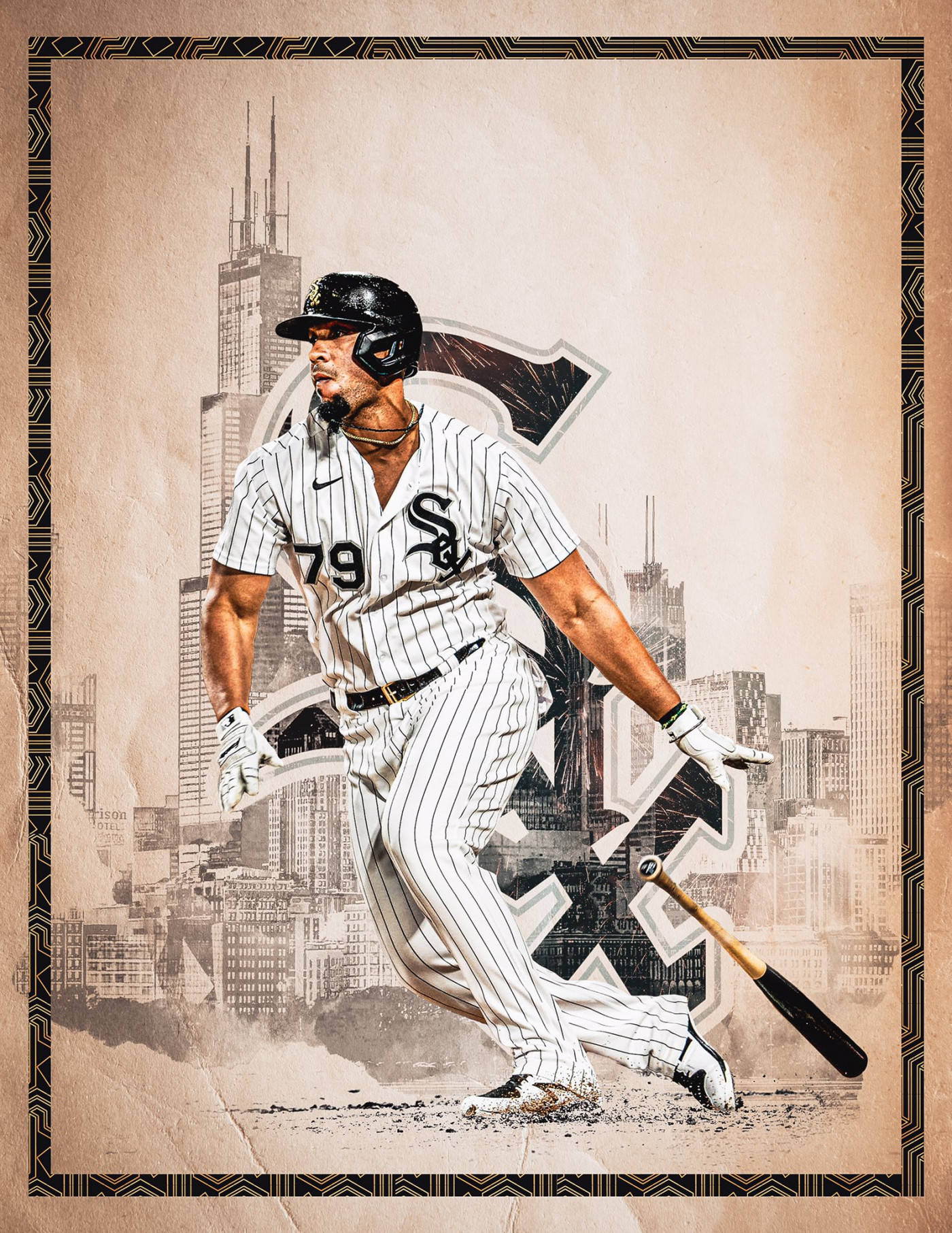 jose abreu 桌布 壁紙 — 一名身穿細條紋球衣的棒球運動員在風格化的城市天際線背景下揮棒。