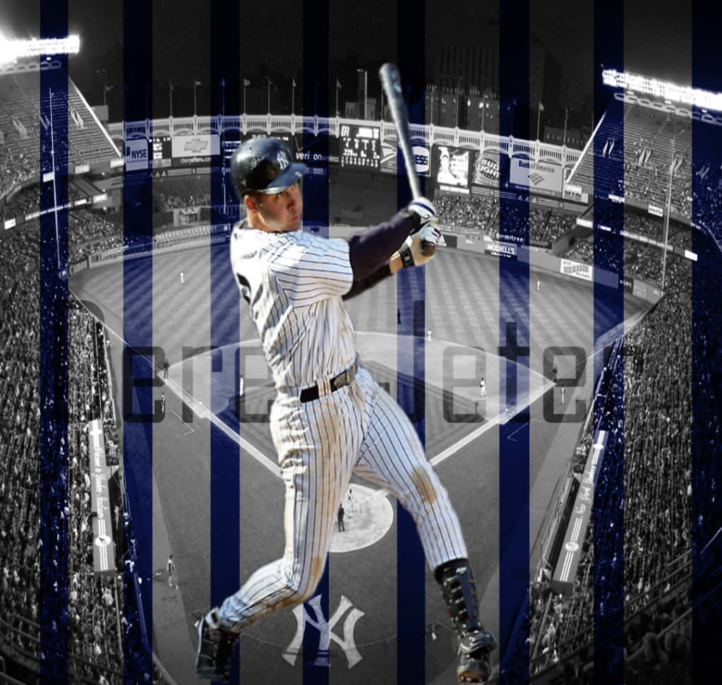 Derek Jeter 桌布 壁紙 — 一名身穿細條紋球衣的棒球運動員在夜間球場揮棒，帶有藍色垂直條紋疊加效果。