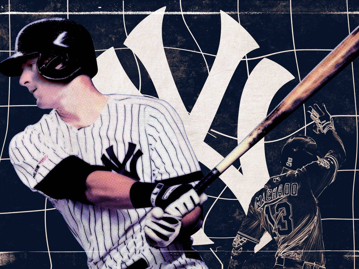 Dj Lemahieu 桌布 壁紙 — 一名身穿細條紋球衣的棒球運動員在深色網格背景上揮棒，背景有一個大型洋基隊標誌。