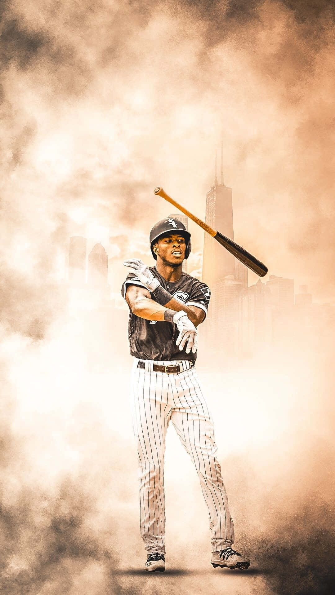 baseball bat 桌布 壁紙 — 一名身穿細條紋球衣的棒球選手，在煙霧瀰漫的城市天際線前揮棒，摩天大樓在煙霧中若隱若現。