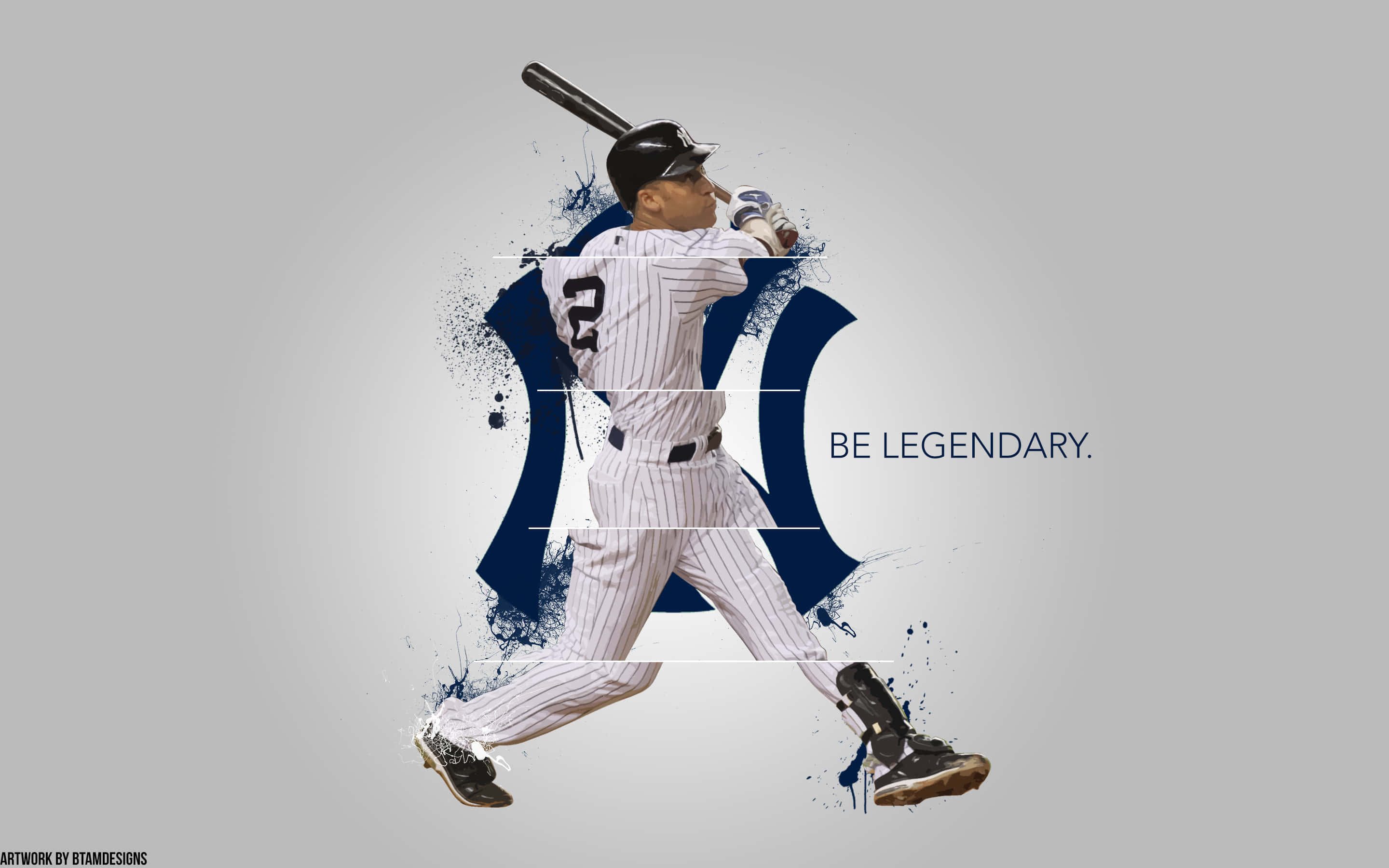 Derek Jeter 桌布 壁紙 — 一名身穿細條紋球衣的棒球選手在灰色背景上以動態動作揮棒，背景有藍色油漆飛濺和「BE LEGENDARY」文字。