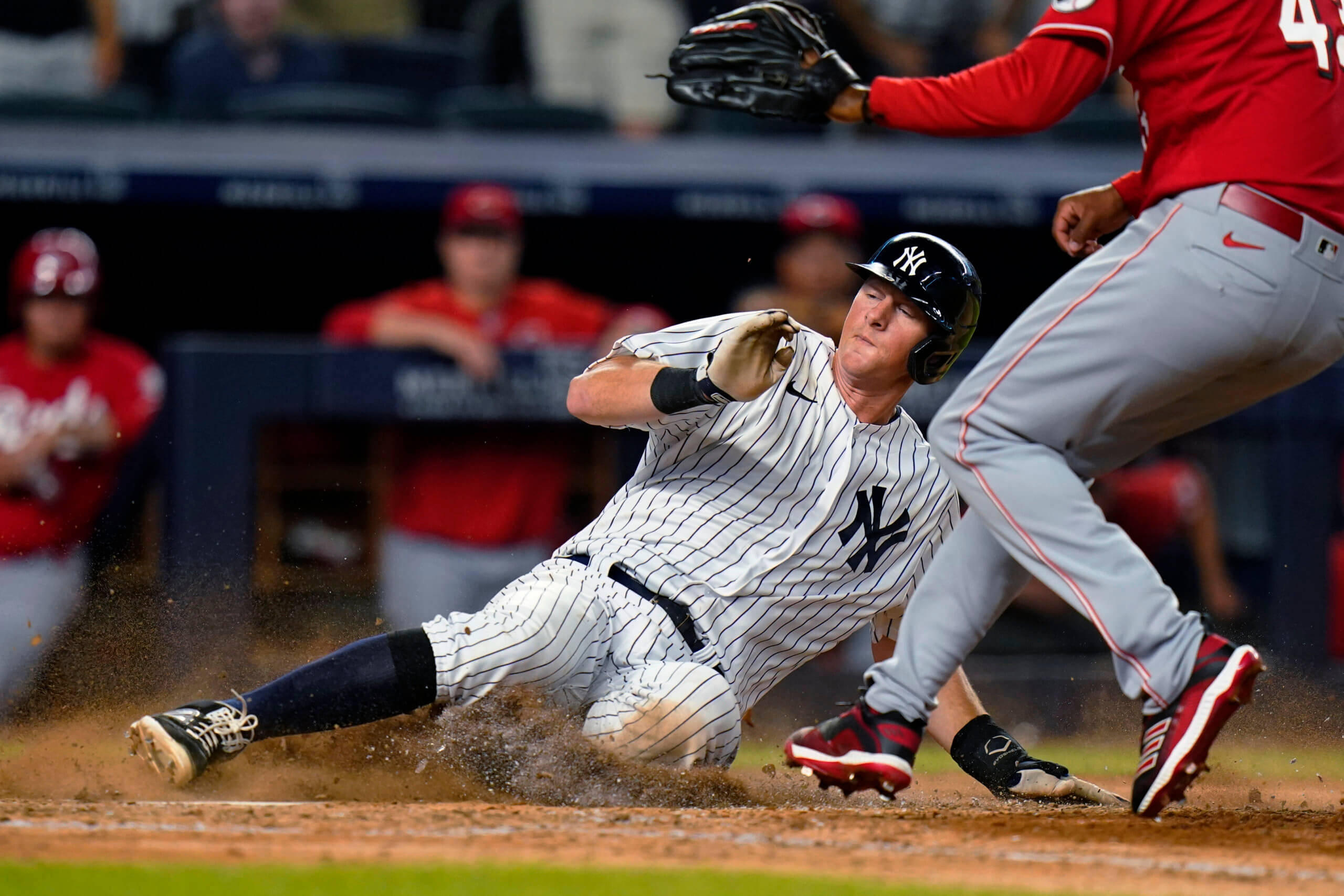 Dj Lemahieu 桌布 壁紙 — 一名身穿細條紋球衣的棒球選手頭部滑壘進壘，而一名身穿紅衣的野手撲身試圖觸殺他。