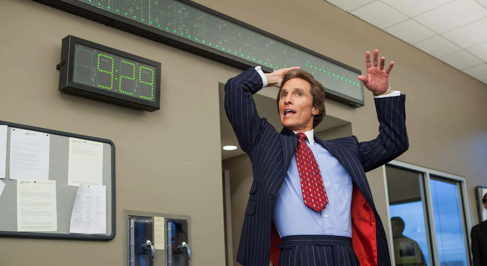 Wolf Of Wall Street 桌布 壁紙 — 一名身穿細條紋西裝、繫紅色領帶的男子站在辦公室走廊，戲劇性地高舉雙手，頭頂上的數字時鐘顯示9:29。
