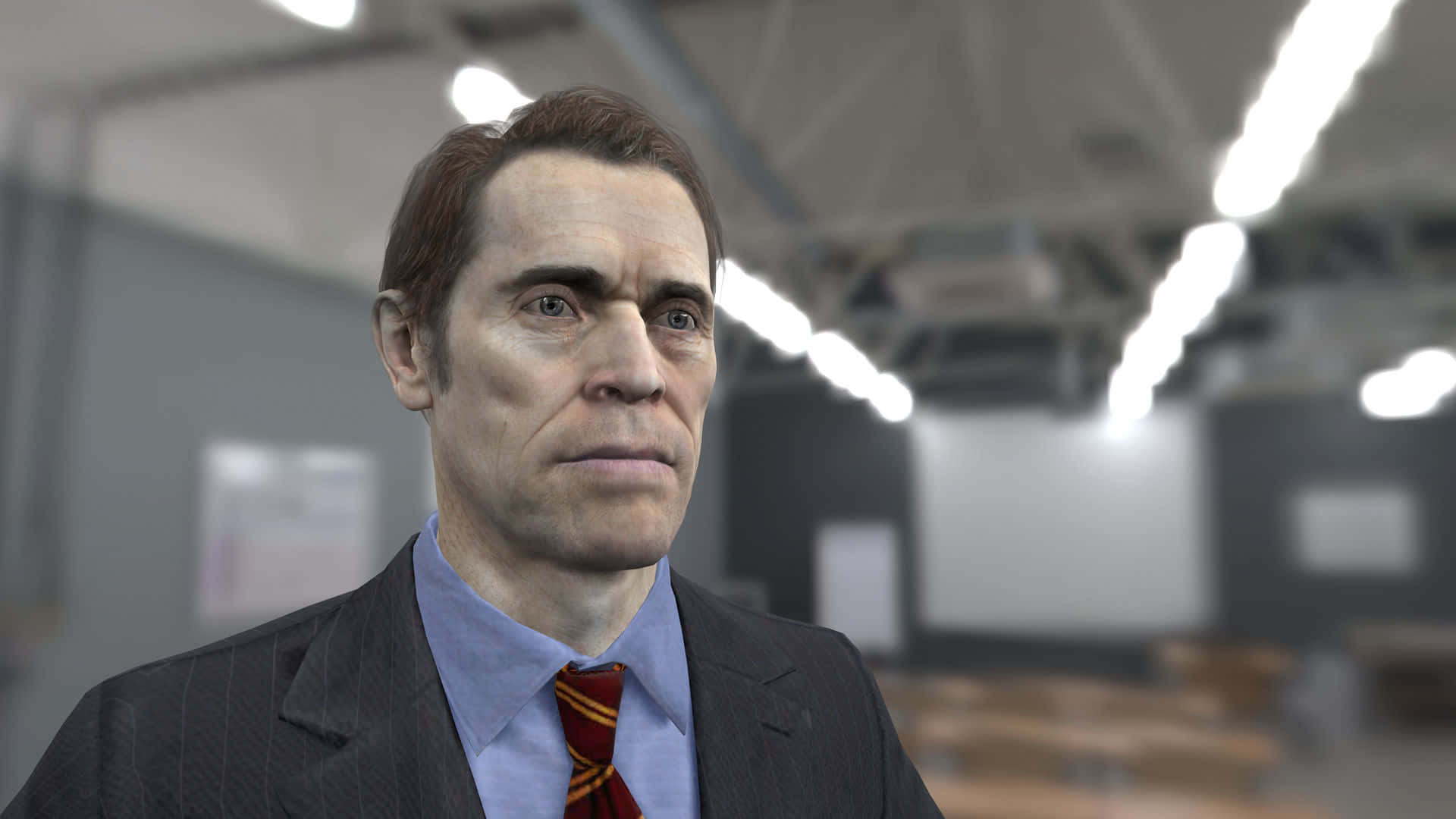 Norman Osborn 桌布 壁紙 — 一名身穿細條紋西裝和條紋領帶的男子，在昏暗、空無一人的教室裡，頭頂螢光燈，專注地凝視著。
