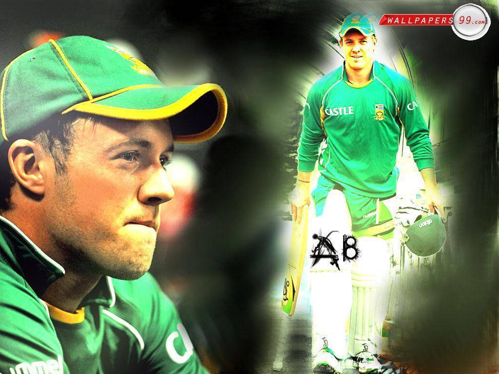 Ab De Villiers 桌布 壁紙 — 一名身穿綠色制服的板球運動員以雙人肖像風格呈現，帶有戲劇性燈光和模糊背景。