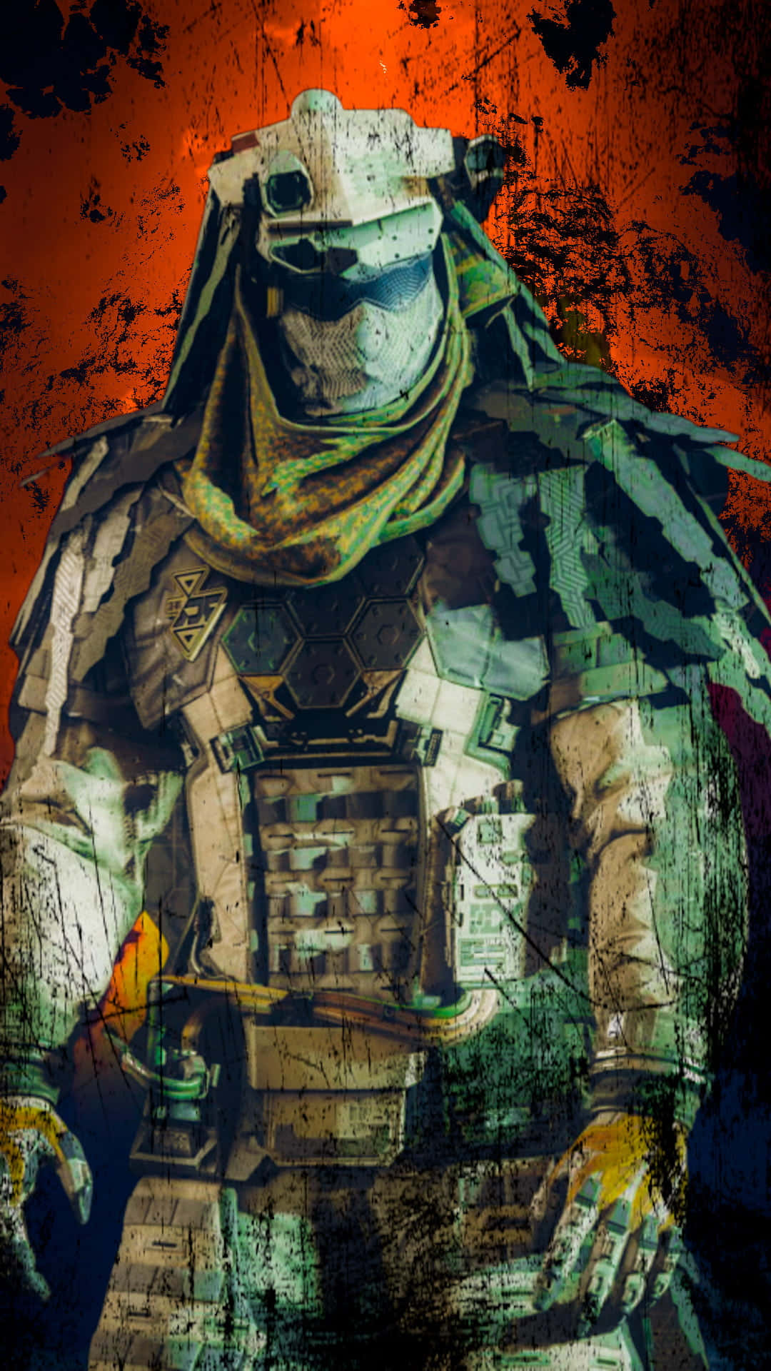 Cod Mobile Character Skins 桌布 壁紙 — 一名身穿綠色和米色裝備的重裝士兵，站在帶有頹廢質感的火橙色背景前。