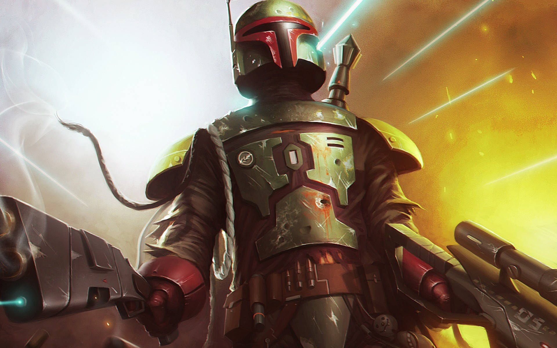 Boba 桌布 壁紙 — 一名身穿綠色和紅色盔甲的曼達洛戰士，手持爆能槍，準備好面對熾熱的橙色和黃色背景。