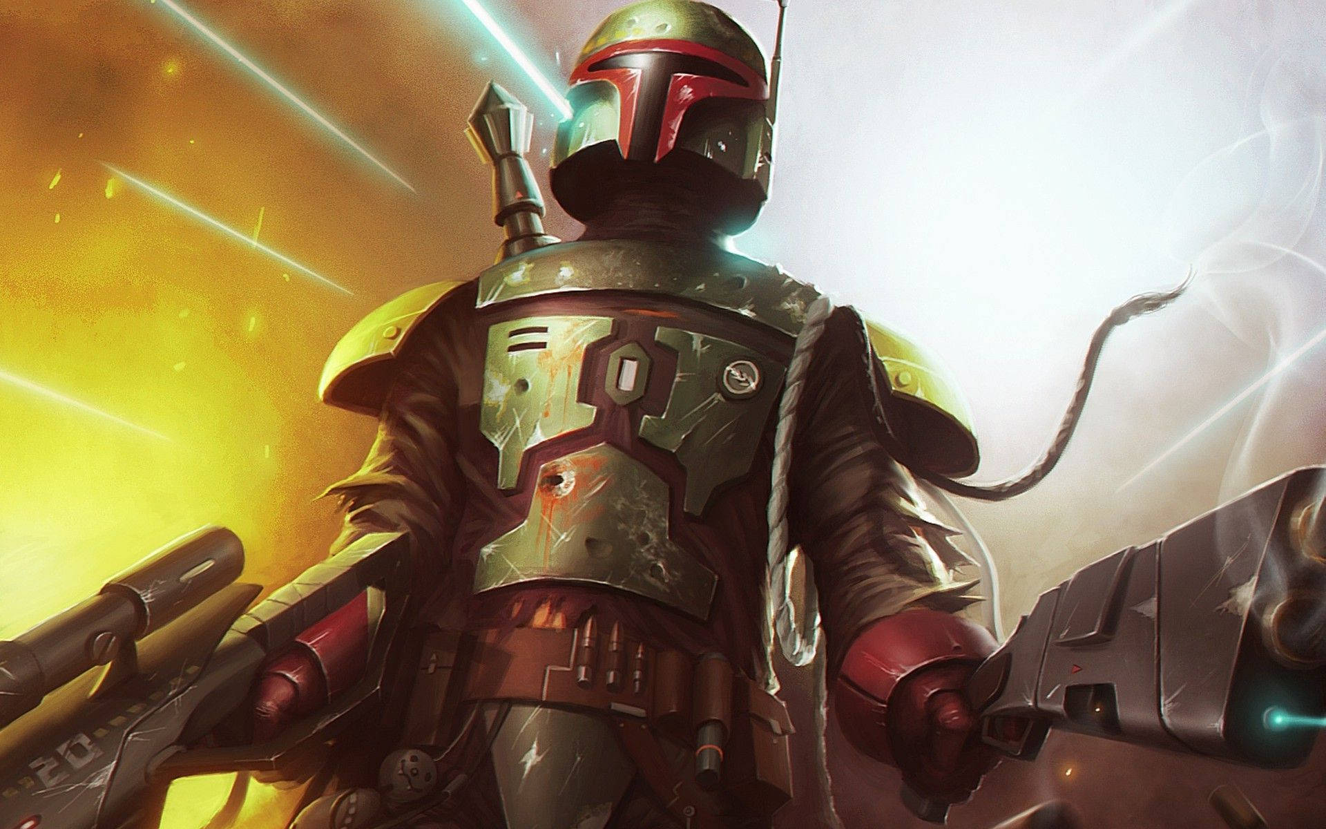 Boba 桌布 壁紙 — 一名身穿綠色和紅色盔甲的曼達洛戰士，手持雙槍，在熾熱的金色背景下準備就緒。