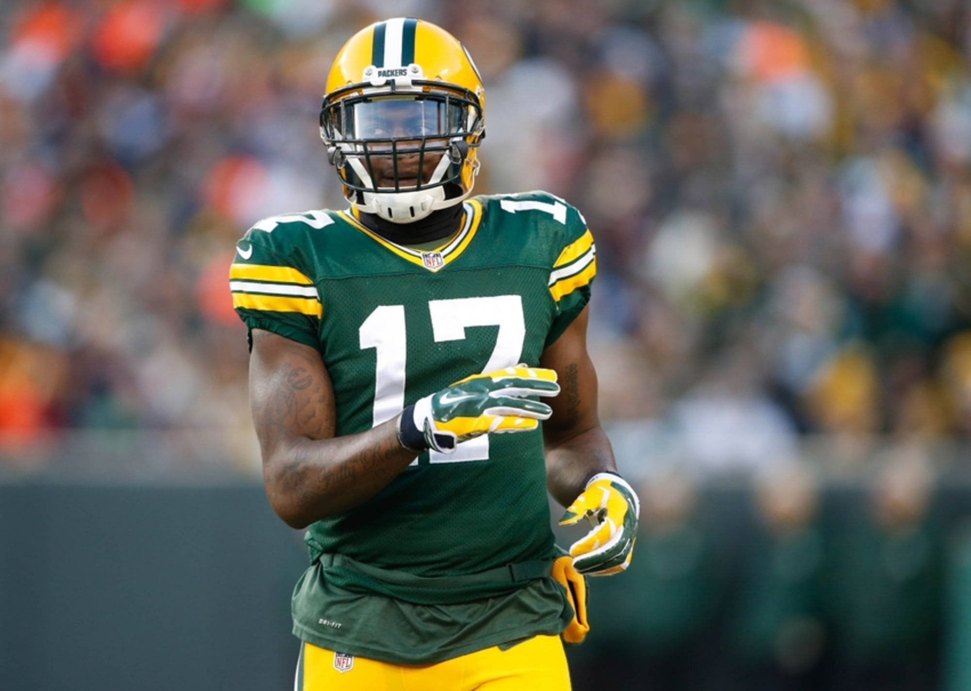 Davante Adams 桌布 壁紙 — 一名身穿綠色和金色球衣、背號17的綠灣包裝工美式足球員在比賽中站在場上，背景是模糊的人群。