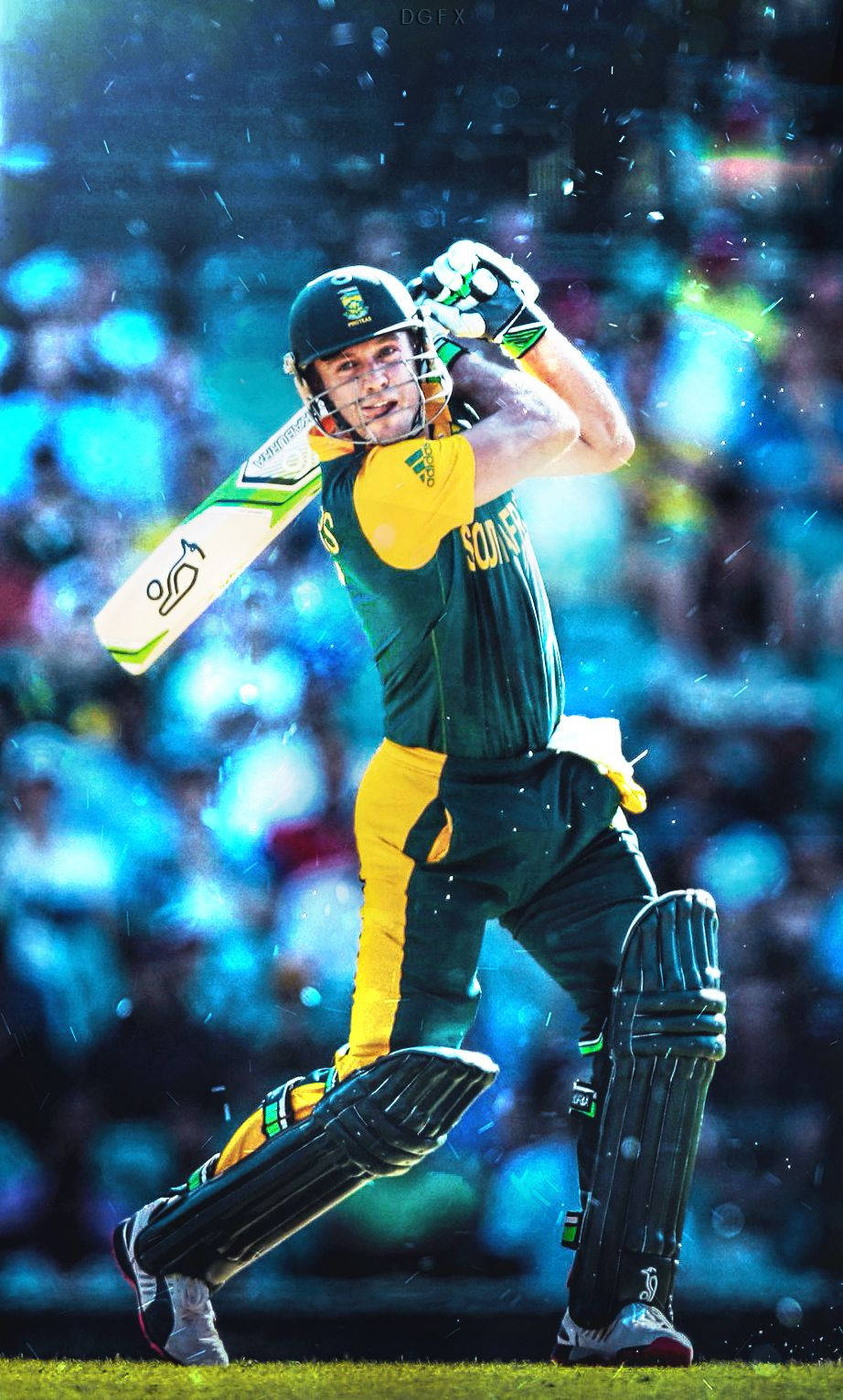 south africa cricket 桌布 壁紙 — 一名身穿綠色和黃色球衣的板球擊球手在球場燈光下強力揮動球棒，雨點飛濺。