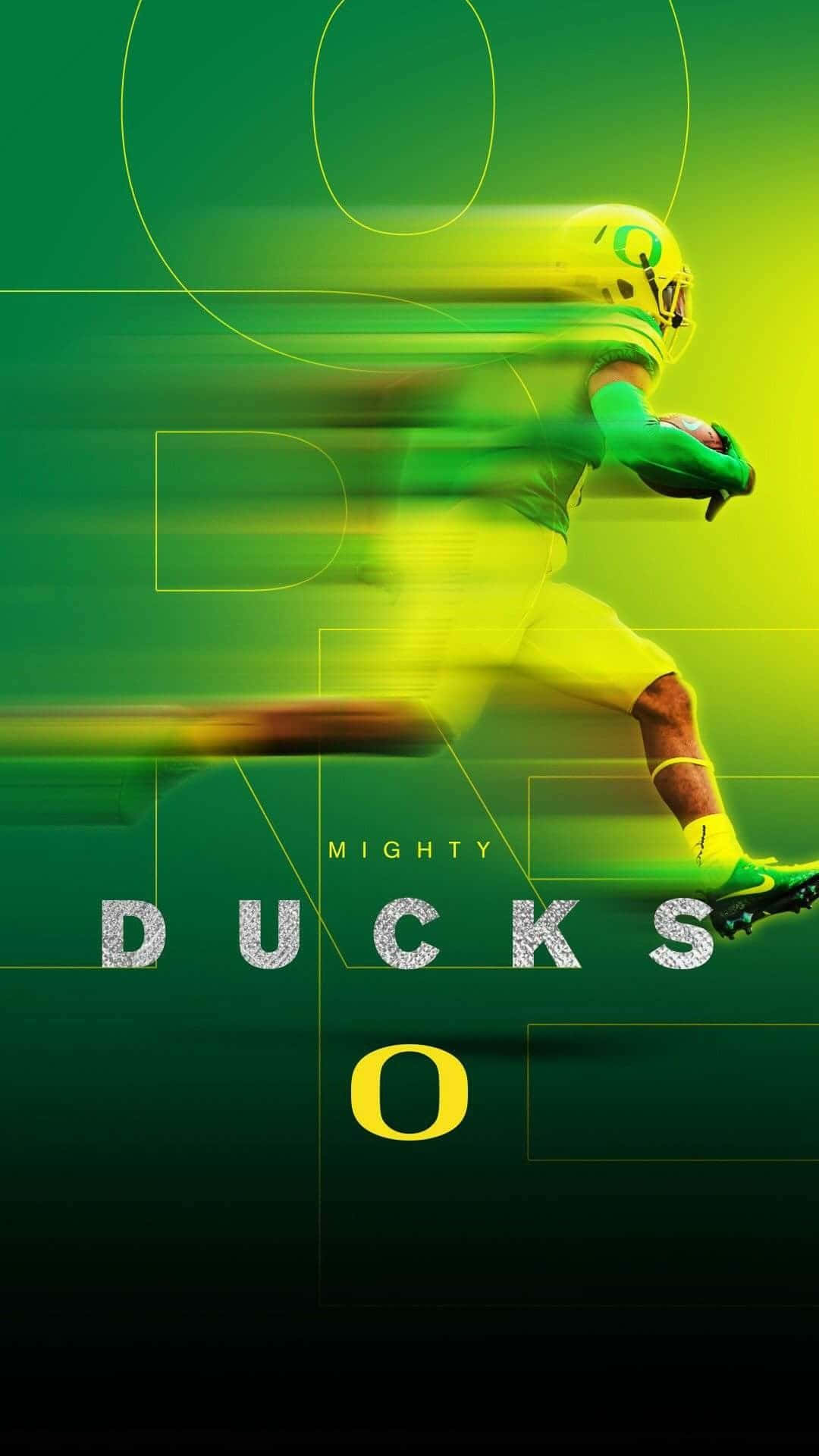 Oregon Ducks 桌布 壁紙 — 一名身穿綠色和黃色球衣的模糊足球員，在帶有發光幾何線條和「MIGHTY DUCKS O」文字的綠色漸變背景上動態衝刺。
