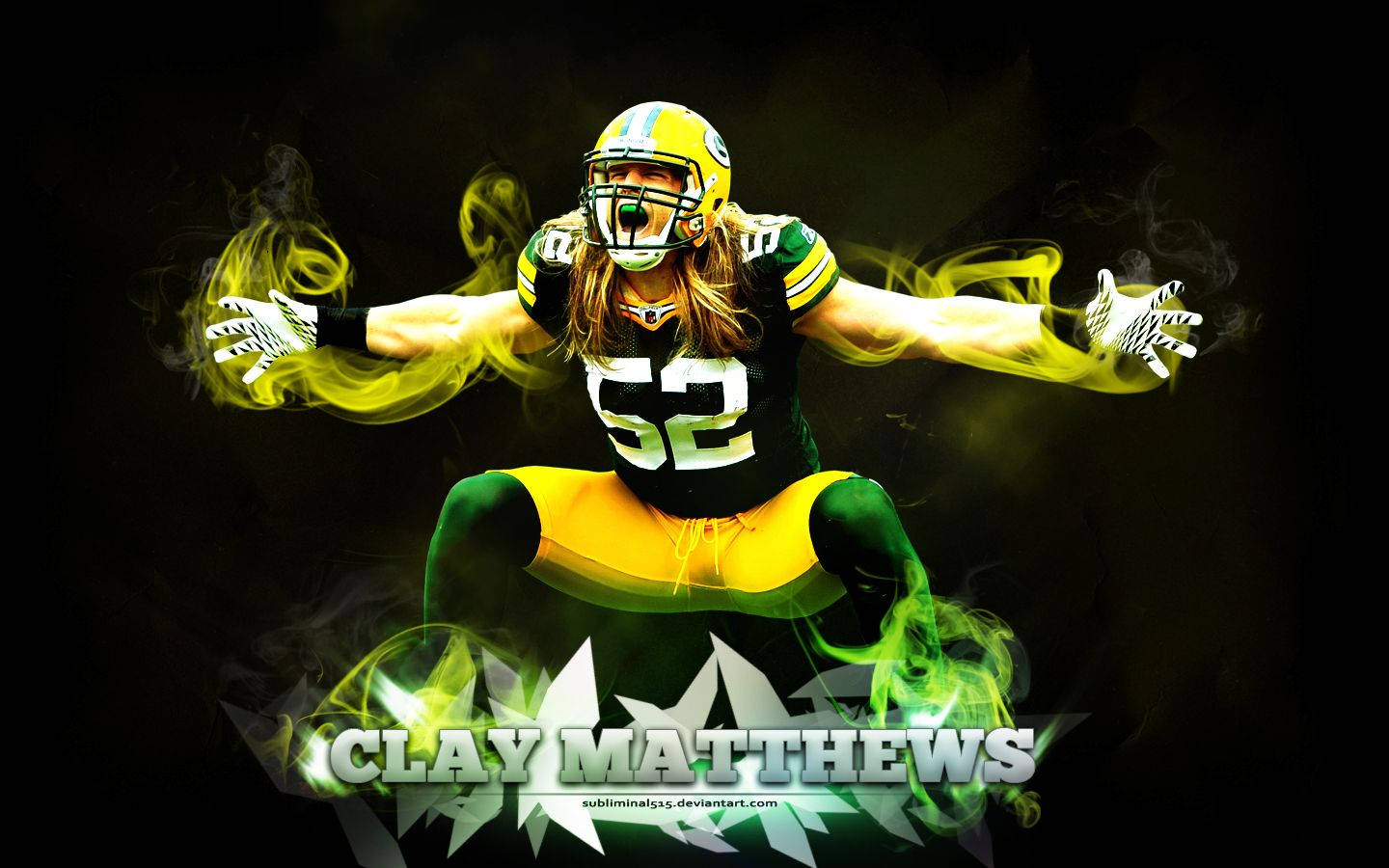 Packers 桌布 壁紙 — 一名身穿綠色和黃色球衣的足球運動員蹲下，雙臂伸展，發光的煙霧在他周圍旋轉，背景為深色。