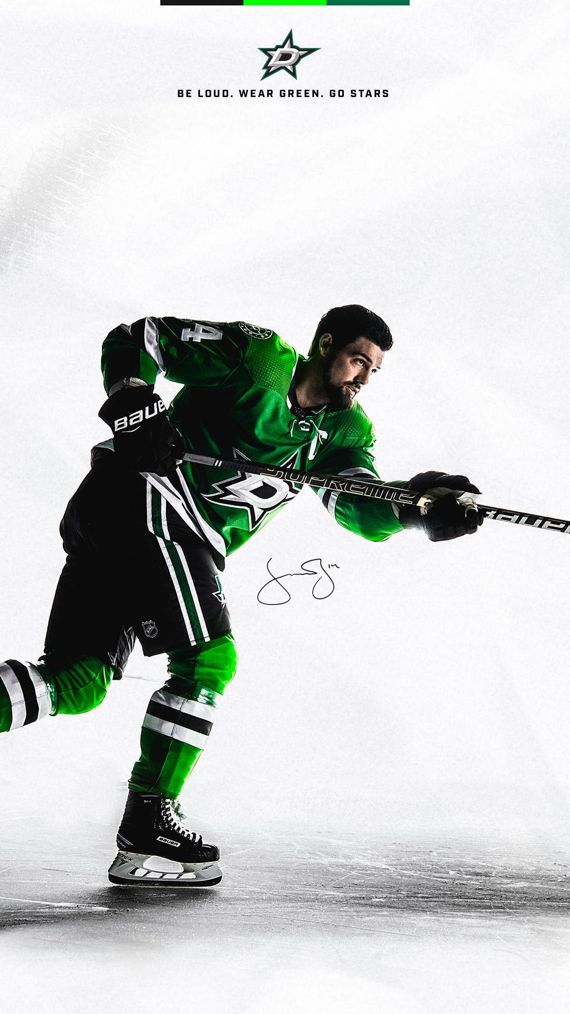 Dallas Stars 桌布 壁紙 — 一名身穿綠色和黑色制服的曲棍球球員在白色背景上，用球棍在冰上動態滑行。