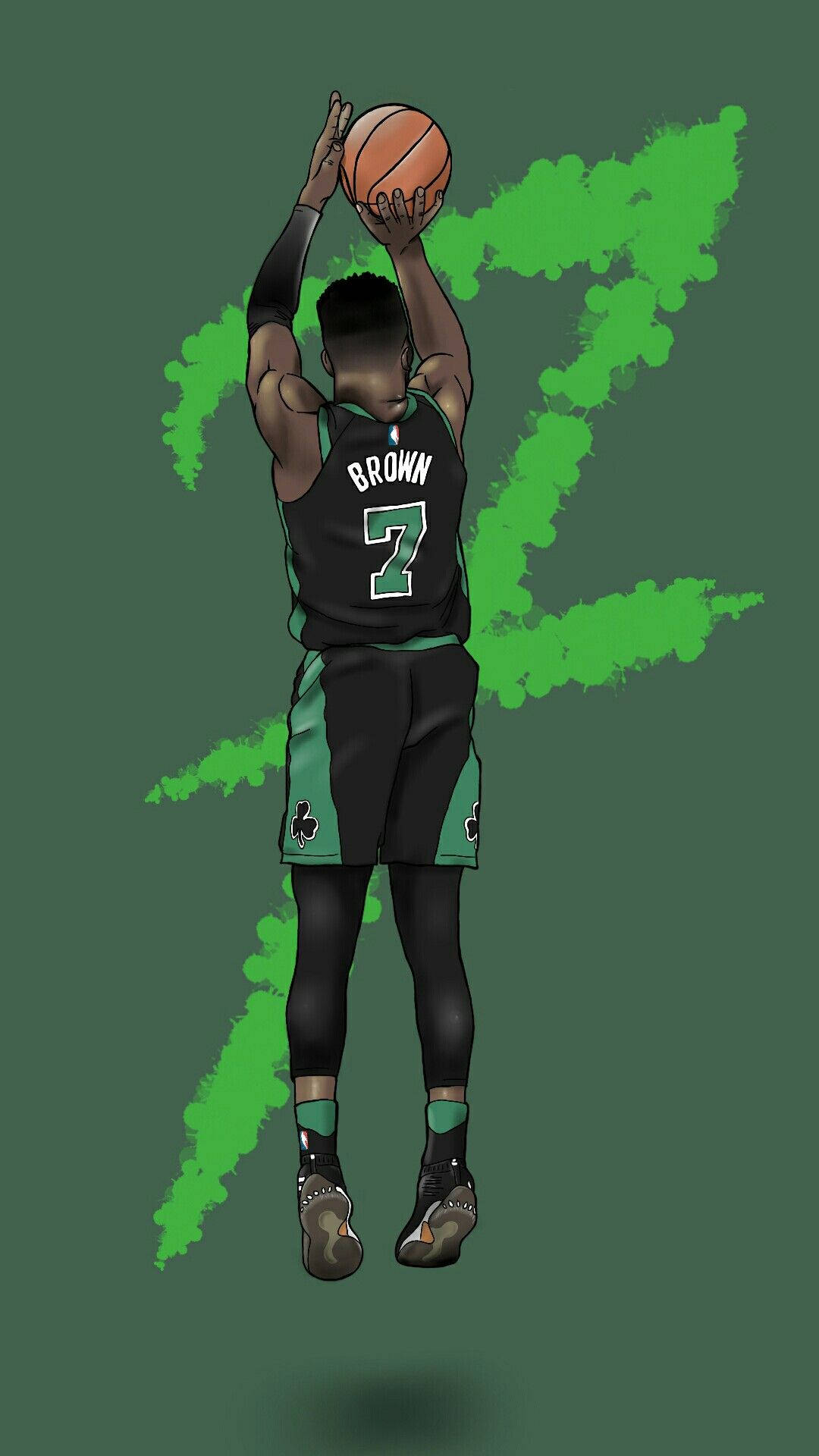 Celtics 桌布 壁紙 — 一名身穿綠色和黑色球衣的籃球運動員在深綠色背景上跳起投籃，背景帶有綠色筆觸設計。