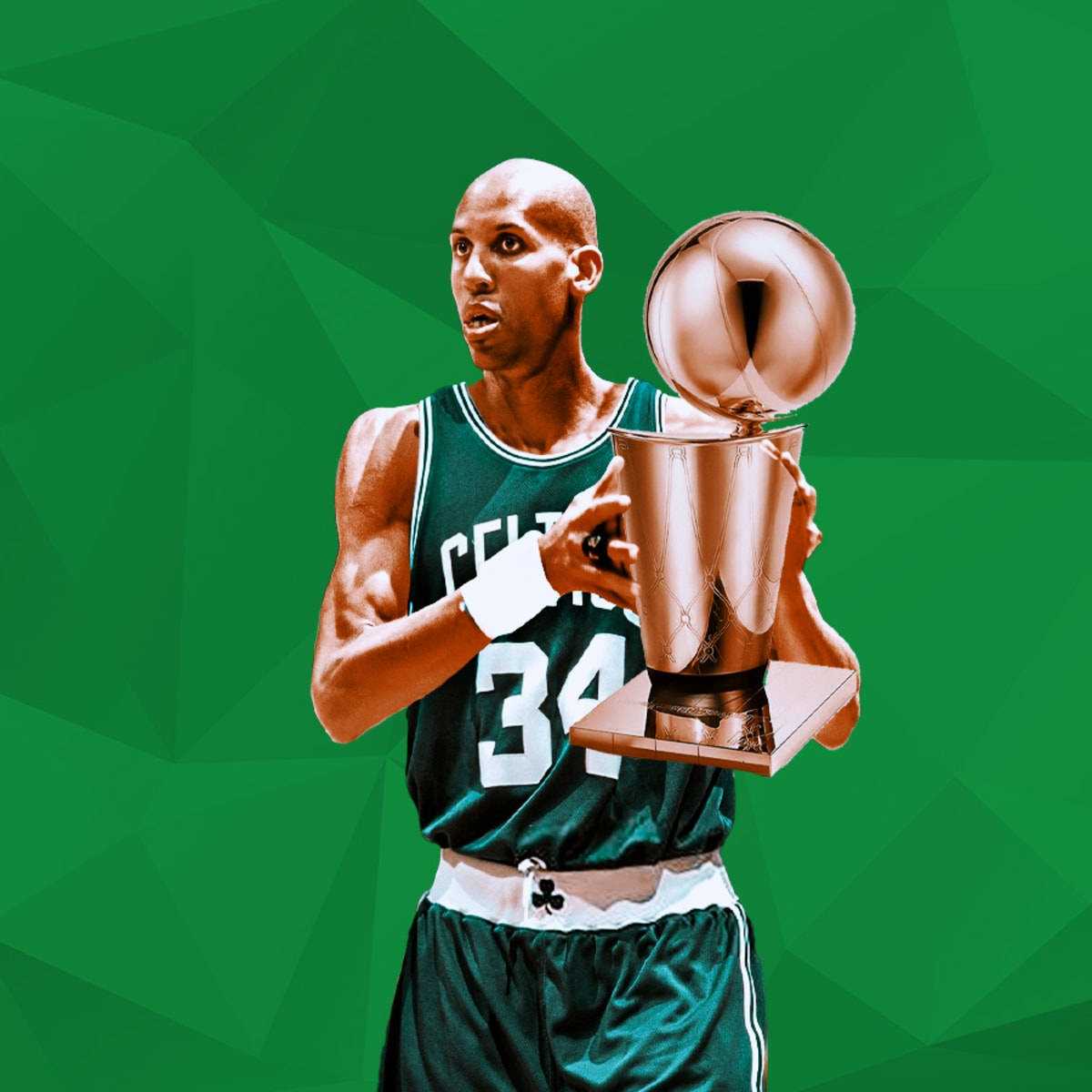 NBA 桌布 壁紙 — 一名身穿綠色塞爾提克球衣的籃球運動員，在充滿活力的綠色幾何背景前，高舉閃閃發光的冠軍獎盃。