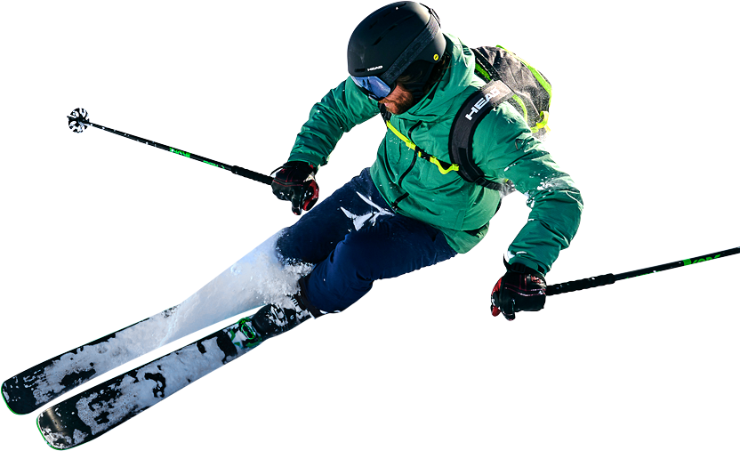 ski 桌布 壁紙 — 一名身穿綠色外套的滑雪者，在黑色背景下，用雪杖撐開，在雪地上劃過。