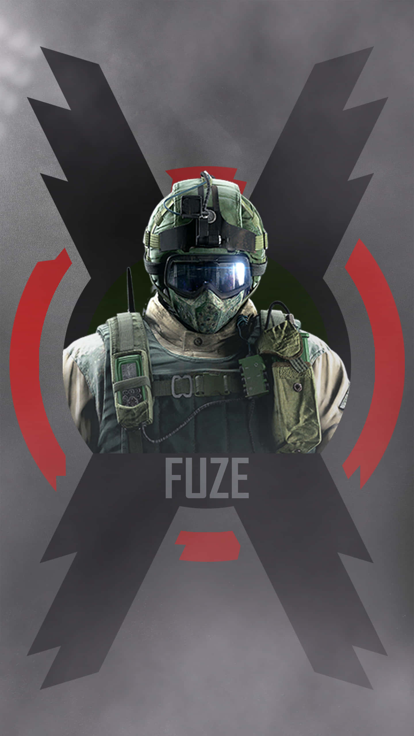 Android Rainbow Six Siege 桌布 壁紙 — 一名身穿綠色戰術裝備和護目鏡的士兵，站在煙霧繚繞的灰色背景前，被一個大膽的黑色和紅色X標誌框住。