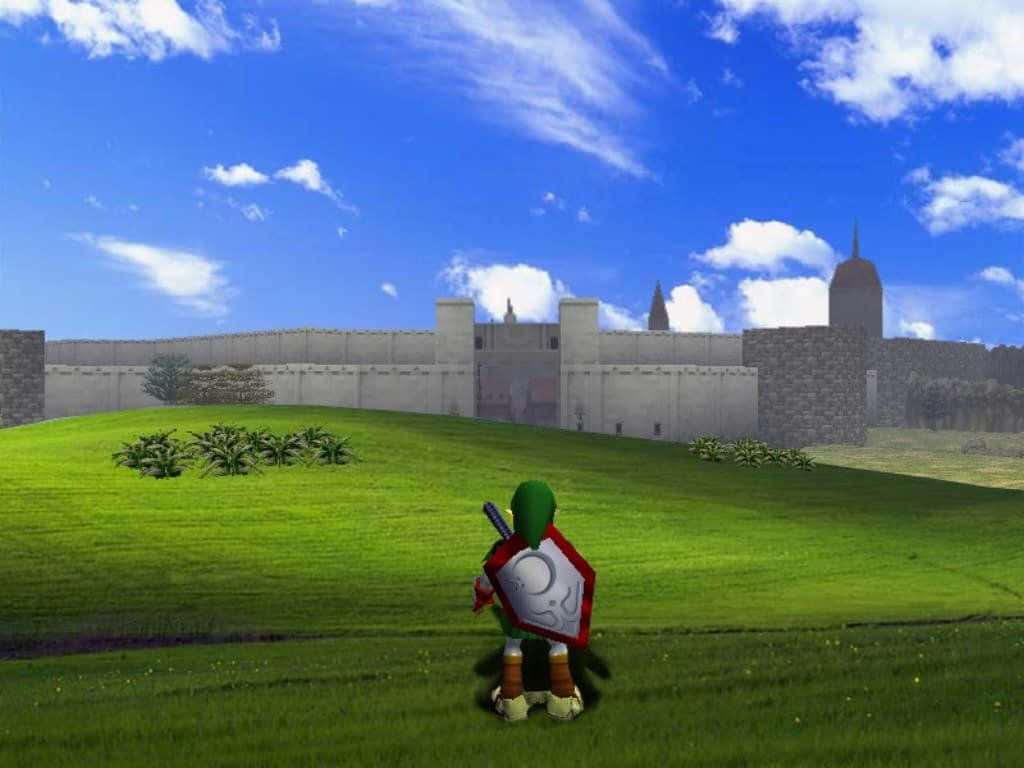 Windows XP 桌布 壁紙 — 一名身穿綠色戰衣的戰士，手持盾牌和劍，站在長滿草的山丘上，面向遠處的石城堡，背景是明亮的藍天和 fluffy 雲朵。
