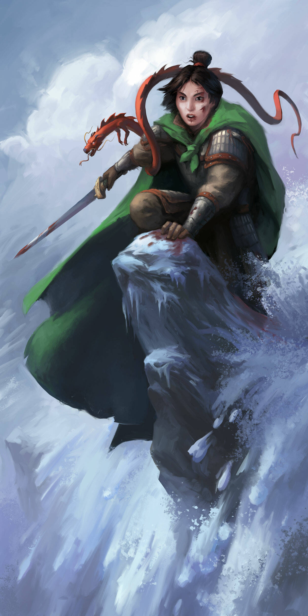 Mulan 桌布 壁紙 — 一名身穿綠色斗篷的戰士和一隻紅龍棲息在白雪覆蓋的懸崖上，拔劍面對暴風雨的天空。