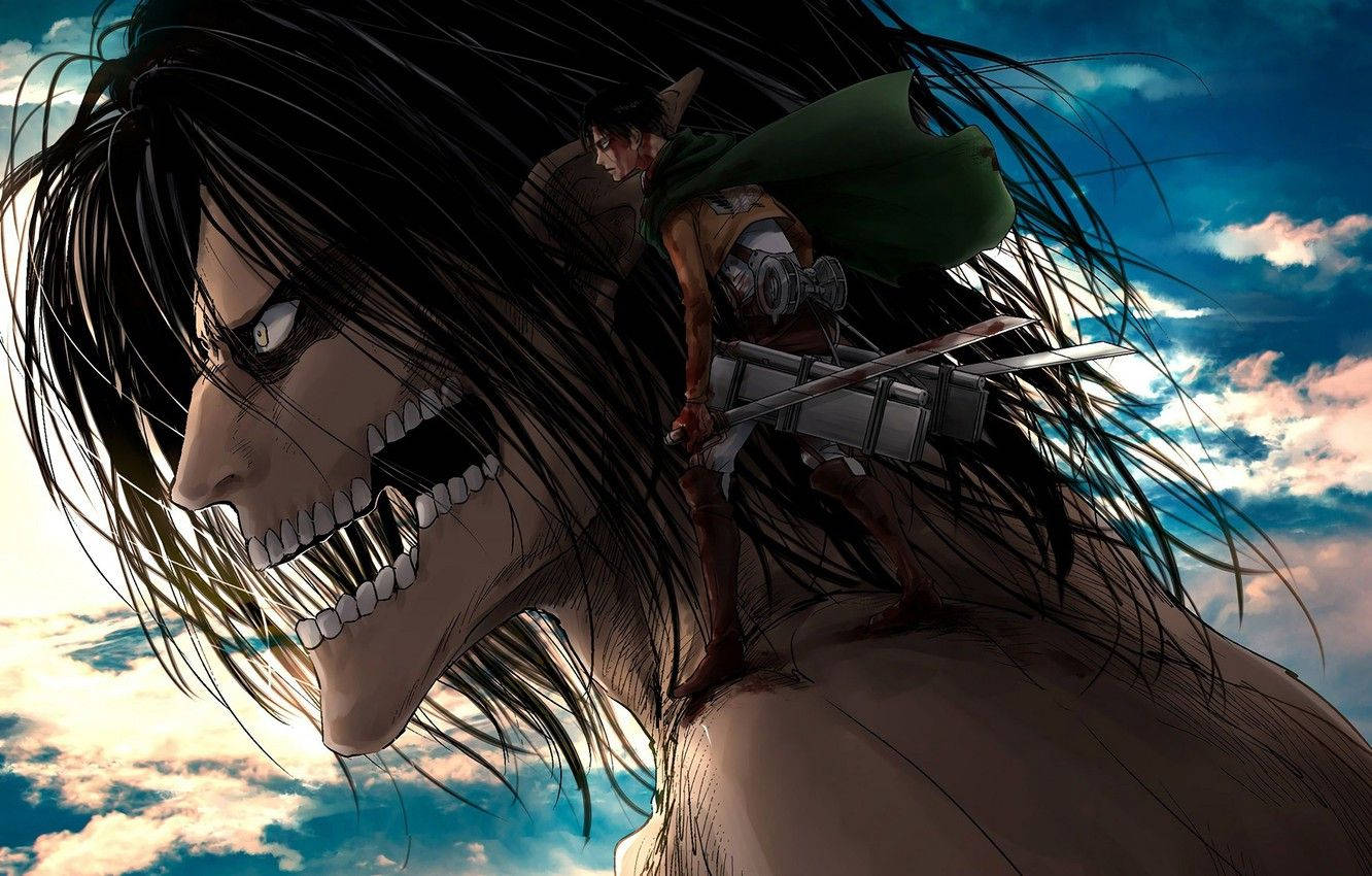Levi 桌布 壁紙 — 一名身穿綠色斗篷的戰士站在巨人的肩膀上，背景是充滿雲彩和日落色調的戲劇性天空。