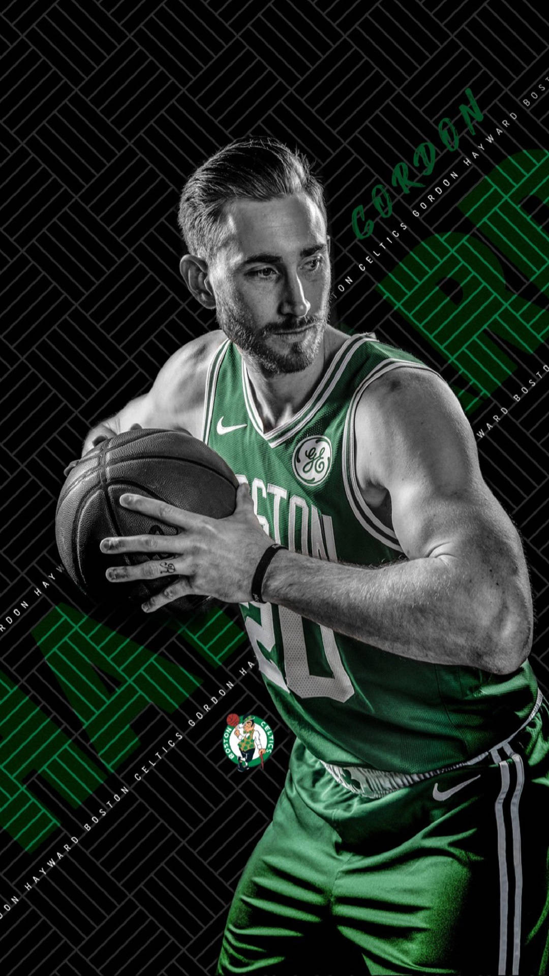 gordon hayward 桌布 壁紙 — 一名身穿綠色波士頓塞爾提克球衣的籃球運動員，在黑色和綠色的幾何背景前拿著一個籃球。